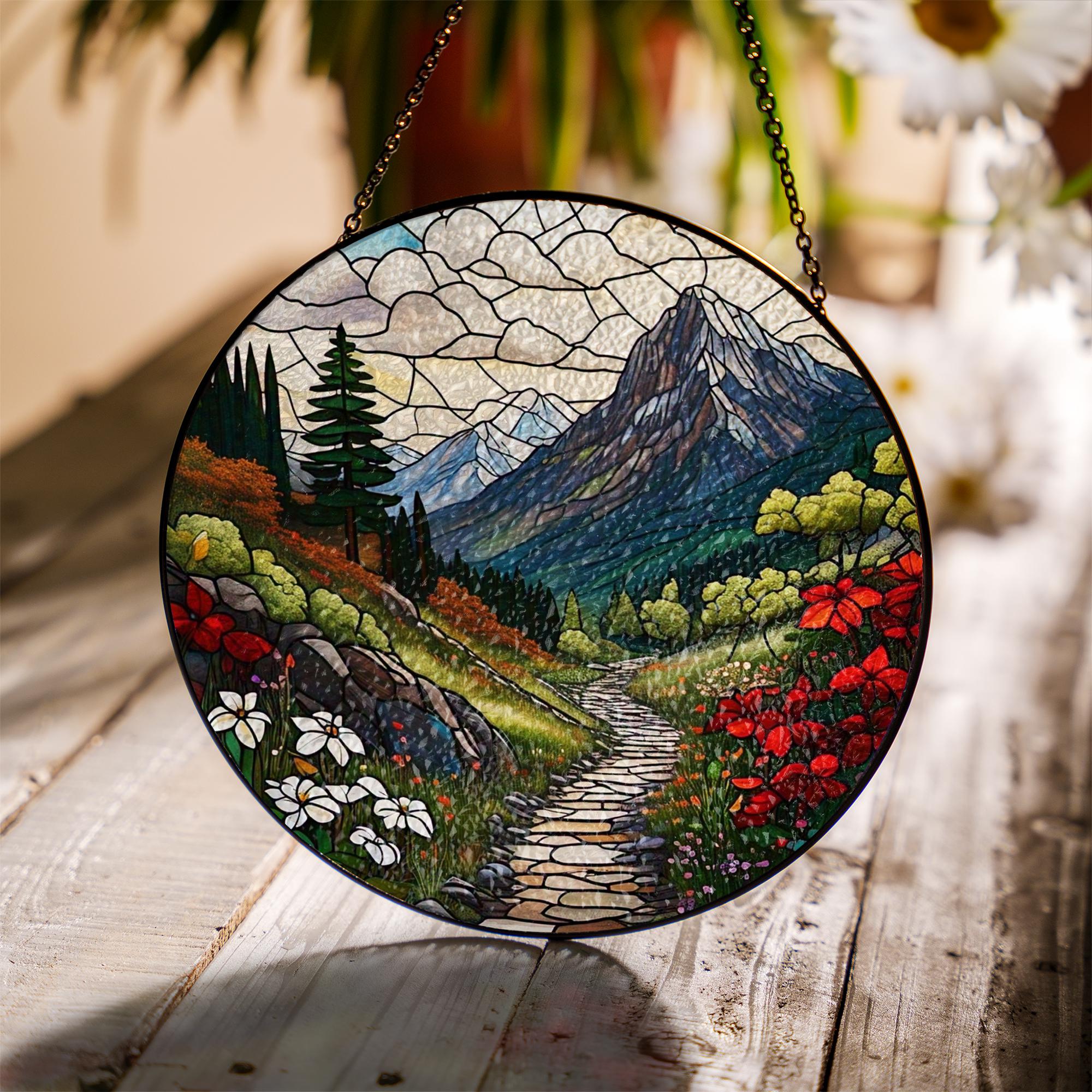 Mountain Glass Suncatcher | Nature Landscape Window Hanging | Rustic Cabin Decor | Outdoor Lover Gift | Handmade Mountain Art