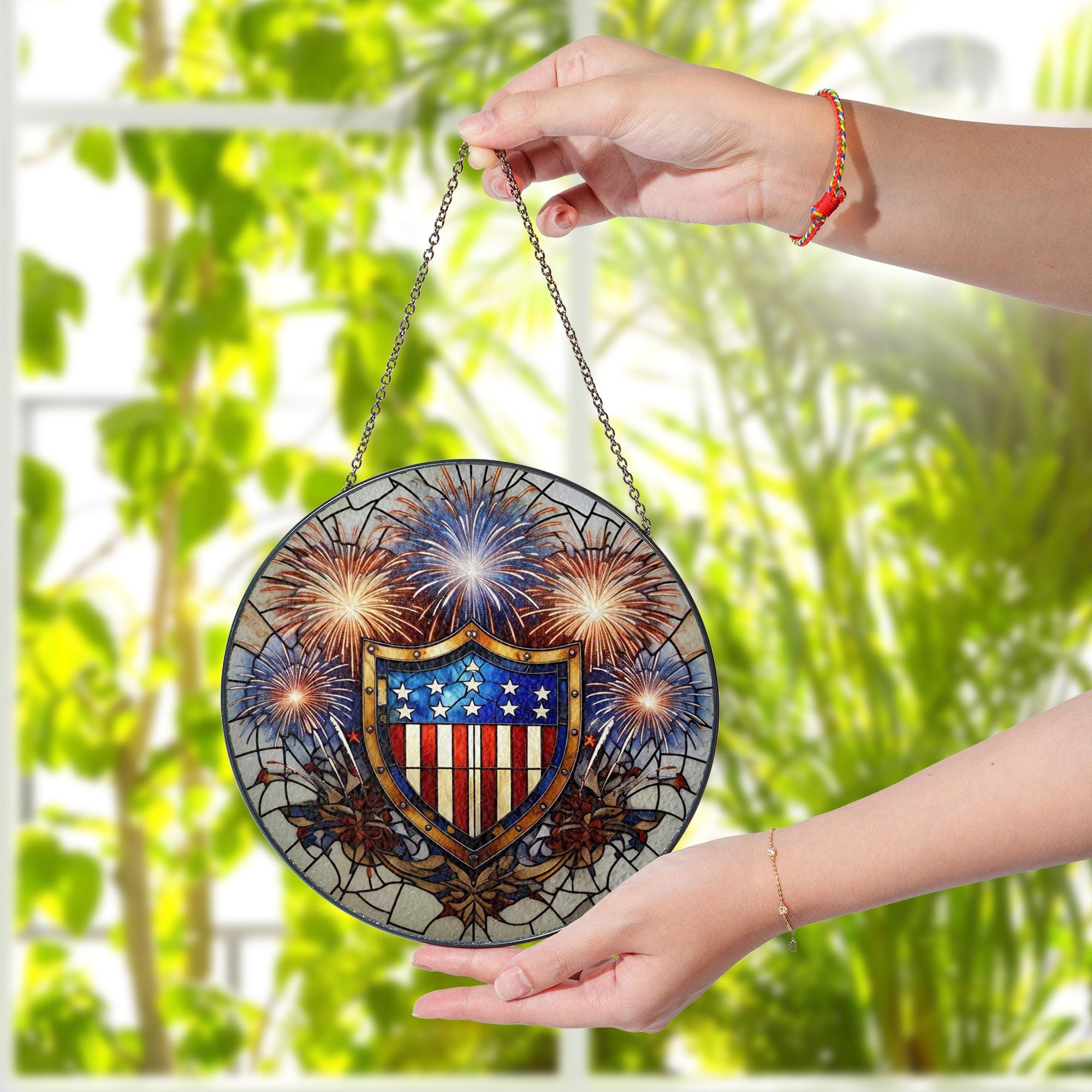 Patriotic Shield Glass Suncatcher | USA Fireworks Window Decor | 4th of July Stained Glass Art | Red White Blue Freedom Gift