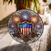Patriotic Shield Glass Suncatcher | USA Fireworks Window Decor | 4th of July Stained Glass Art | Red White Blue Freedom Gift