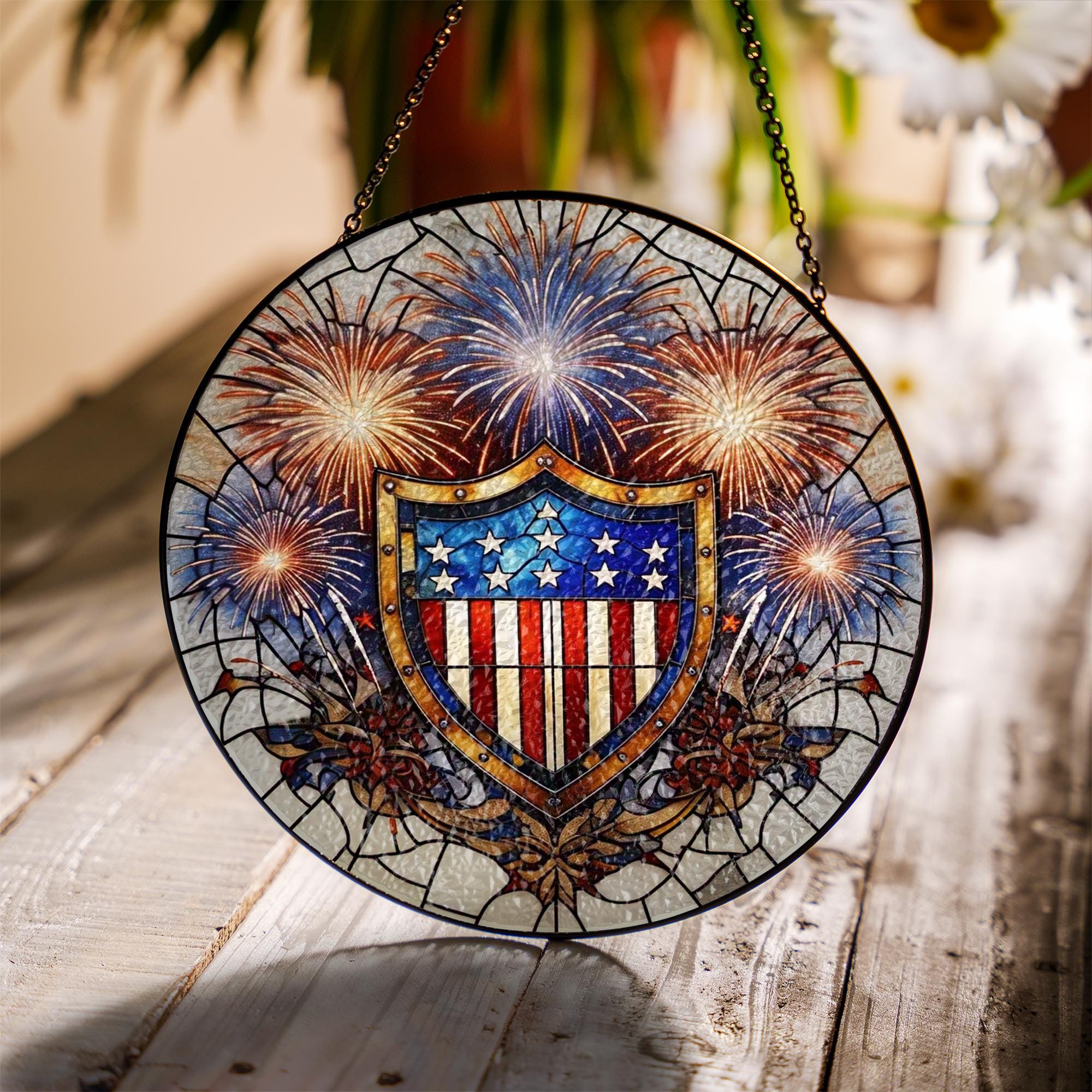Patriotic Shield Glass Suncatcher | USA Fireworks Window Decor | 4th of July Stained Glass Art | Red White Blue Freedom Gift