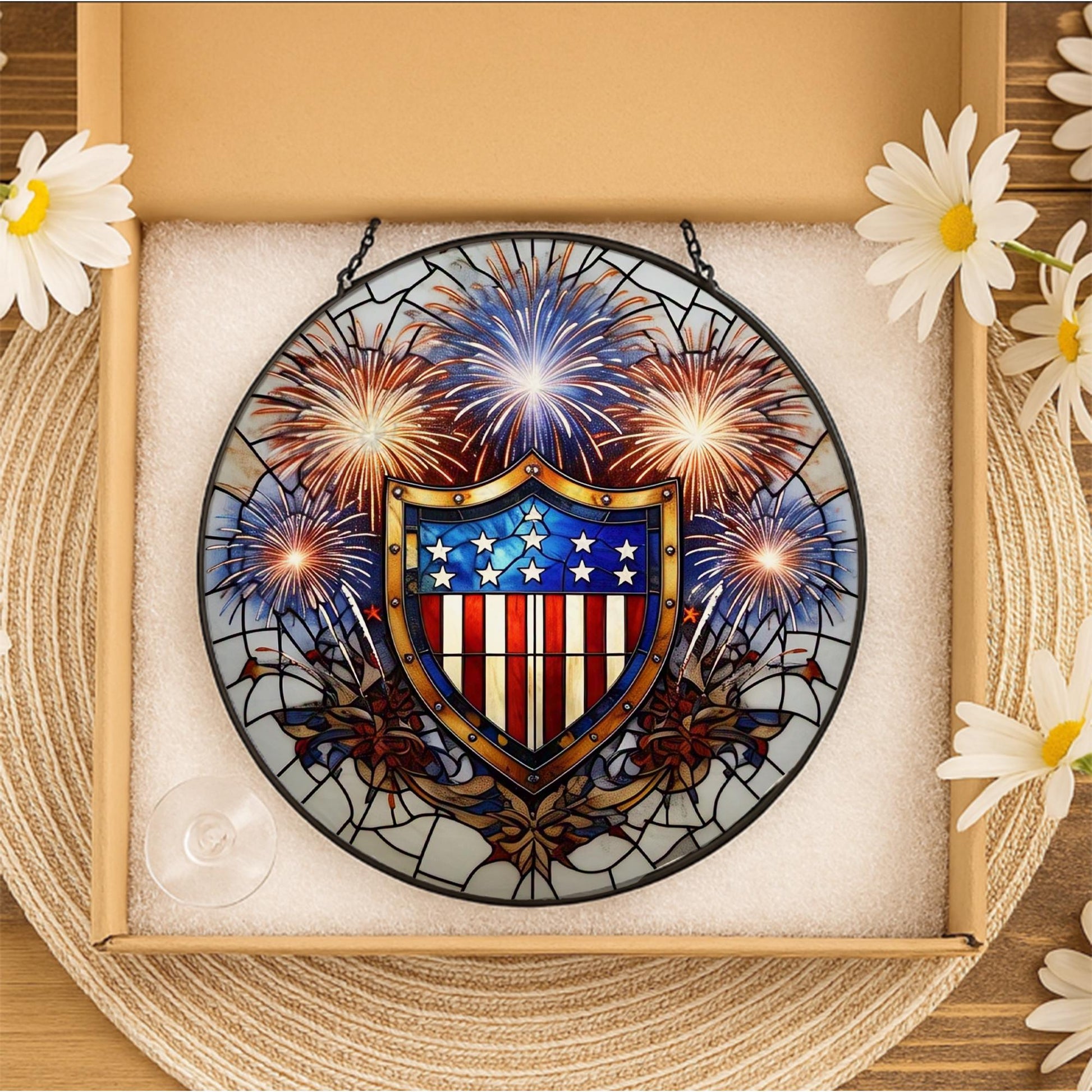 Patriotic Shield Glass Suncatcher | USA Fireworks Window Decor | 4th of July Stained Glass Art | Red White Blue Freedom Gift