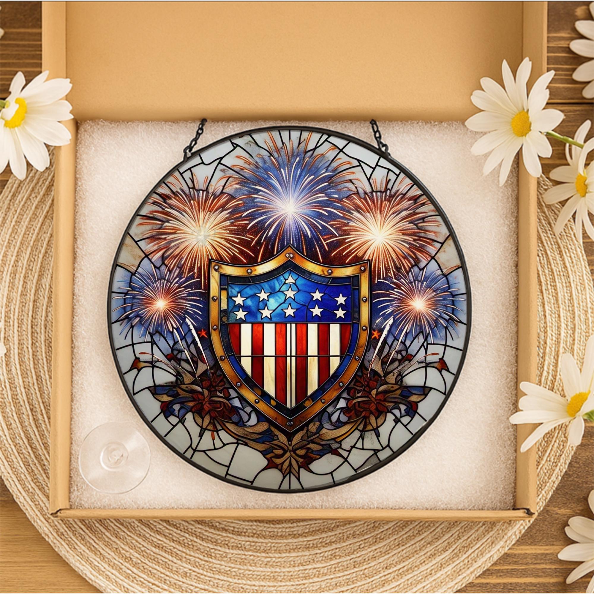 Patriotic Shield Glass Suncatcher | USA Fireworks Window Decor | 4th of July Stained Glass Art | Red White Blue Freedom Gift