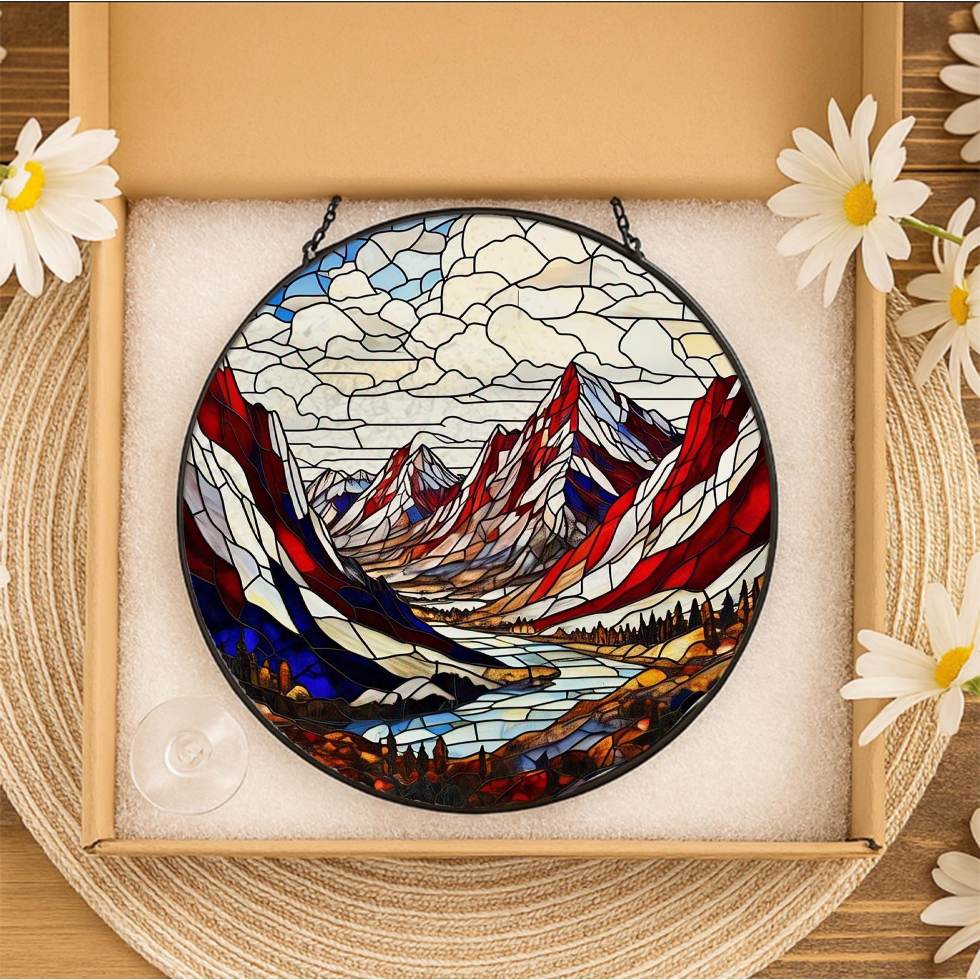 Patriotic Mountain Landscape Glass Suncatcher | Red White Blue Nature Window Art | Rustic Cabin Decor | Stained Glass USA Scene