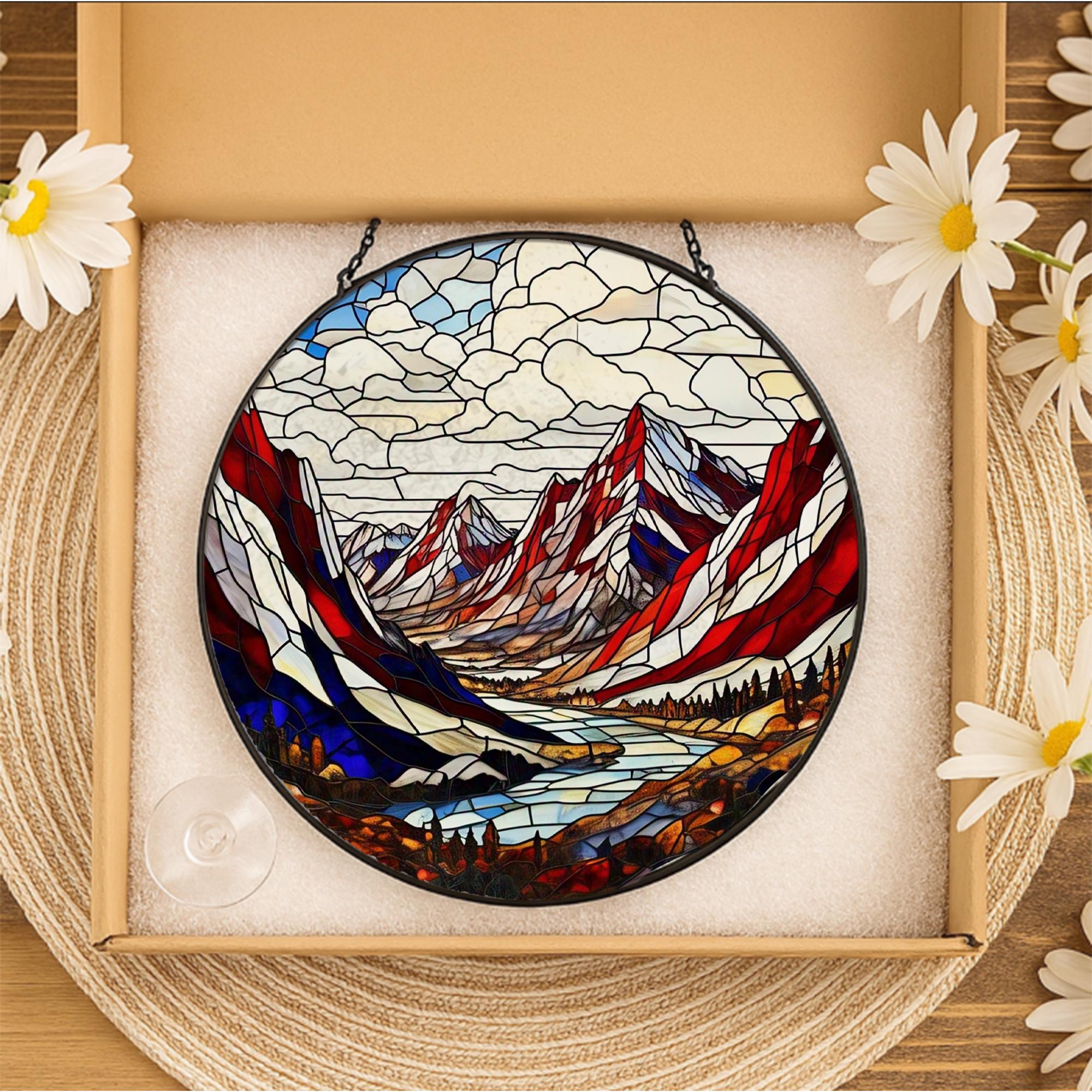 Patriotic Mountain Landscape Glass Suncatcher | Red White Blue Nature Window Art | Rustic Cabin Decor | Stained Glass USA Scene