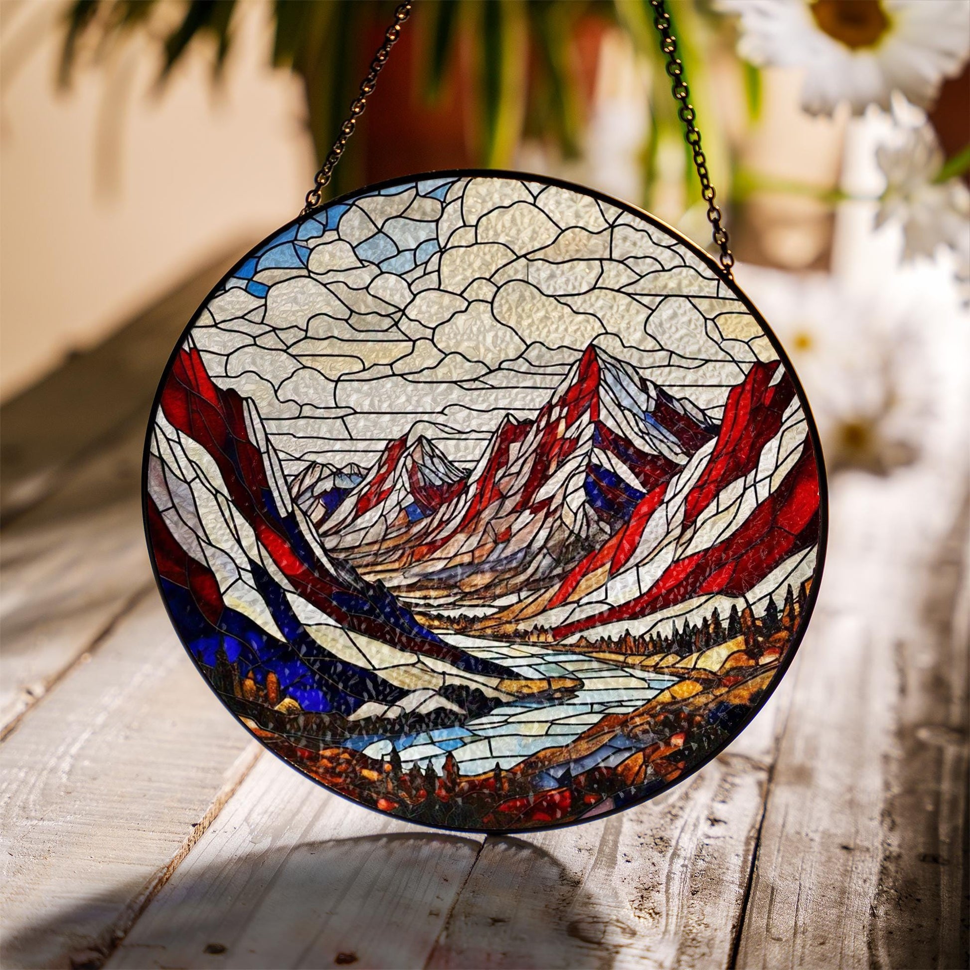 Patriotic Mountain Landscape Glass Suncatcher | Red White Blue Nature Window Art | Rustic Cabin Decor | Stained Glass USA Scene