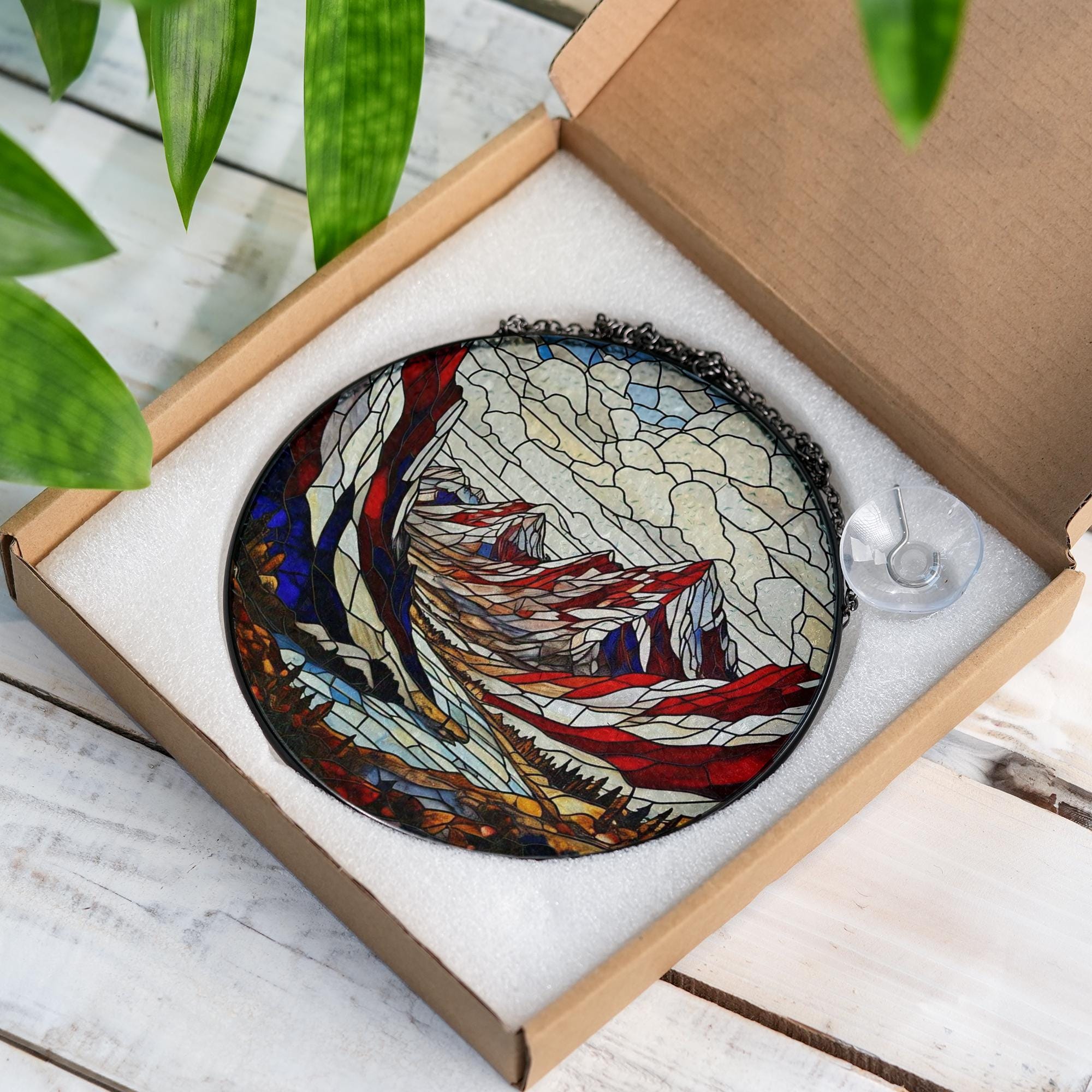 Patriotic Mountain Landscape Glass Suncatcher | Red White Blue Nature Window Art | Rustic Cabin Decor | Stained Glass USA Scene