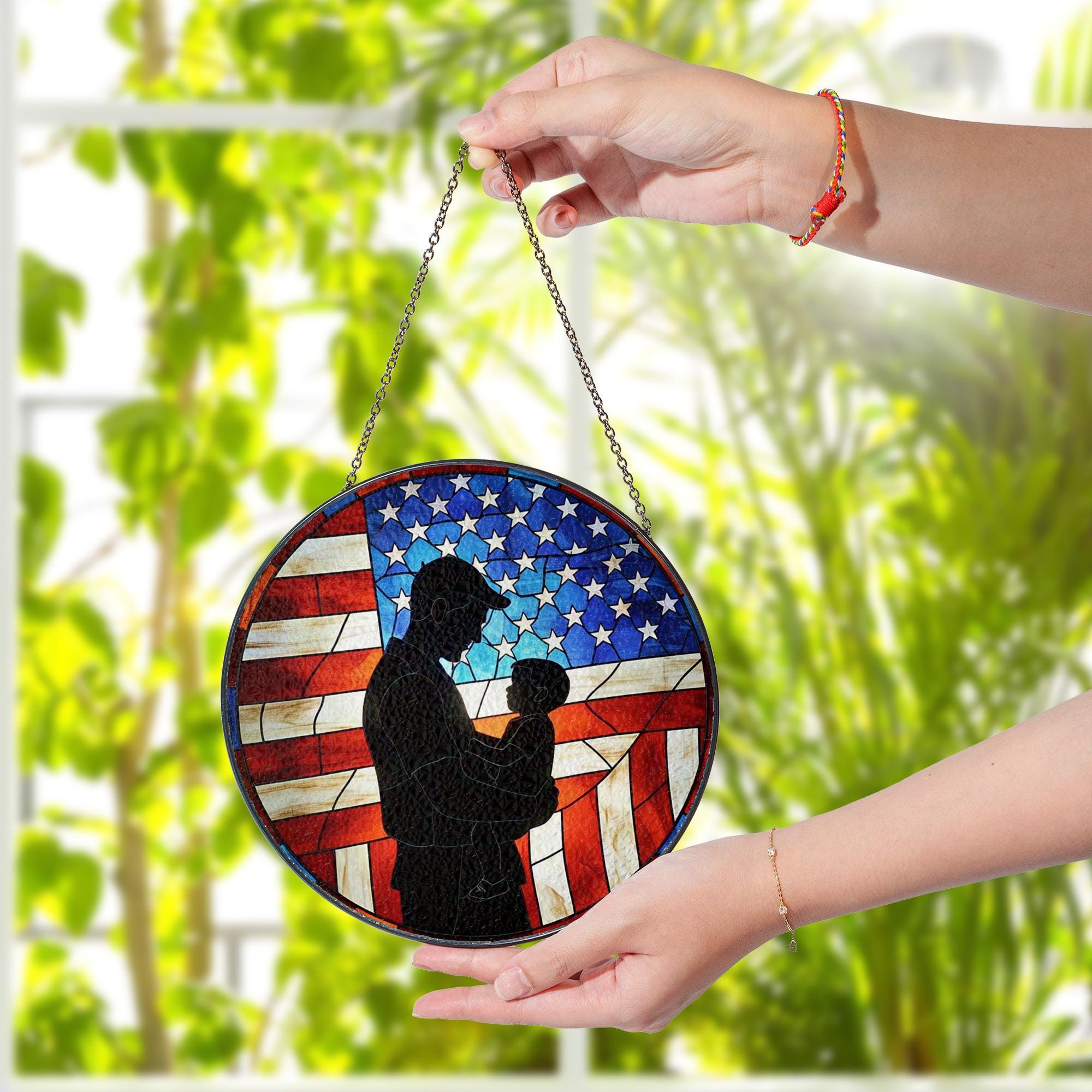 Patriotic Dad Silhouette Glass Suncatcher | USA Flag Father Gift | 4th of July Window Decor | Veteran Dad Stained Glass Art