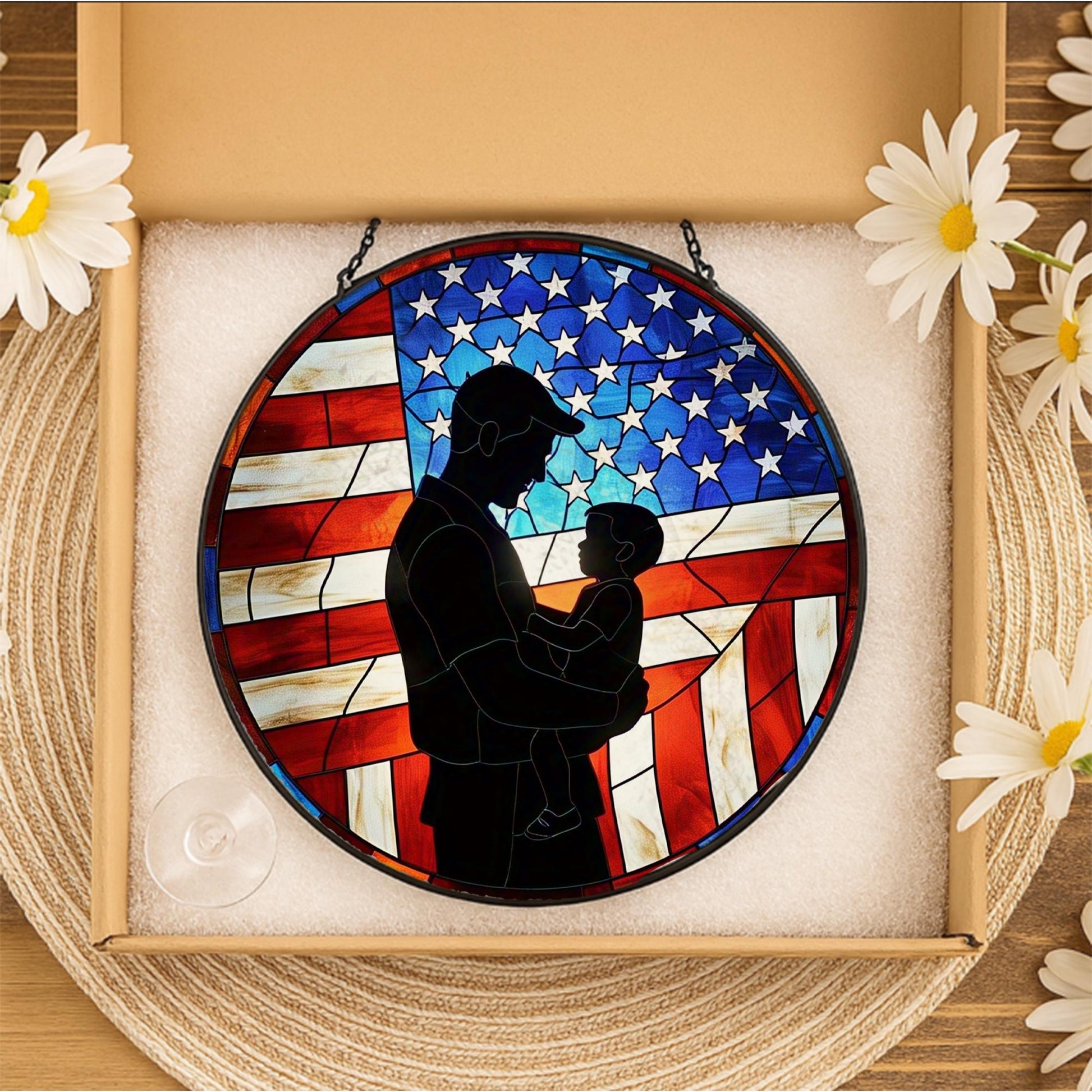 Patriotic Dad Silhouette Glass Suncatcher | USA Flag Father Gift | 4th of July Window Decor | Veteran Dad Stained Glass Art