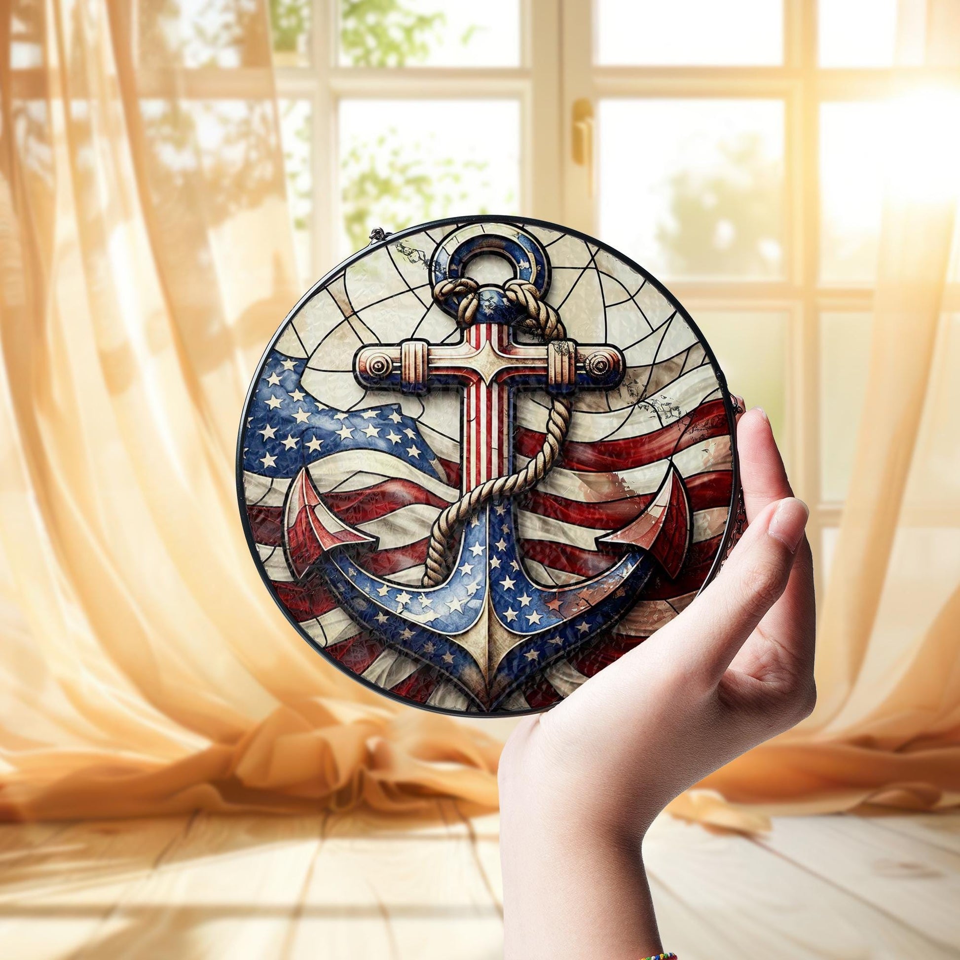 Patriotic Anchor Glass Suncatcher | American Flag Nautical Window Decor | 4th of July USA Coastal Gift | Red White Blue Sea Art