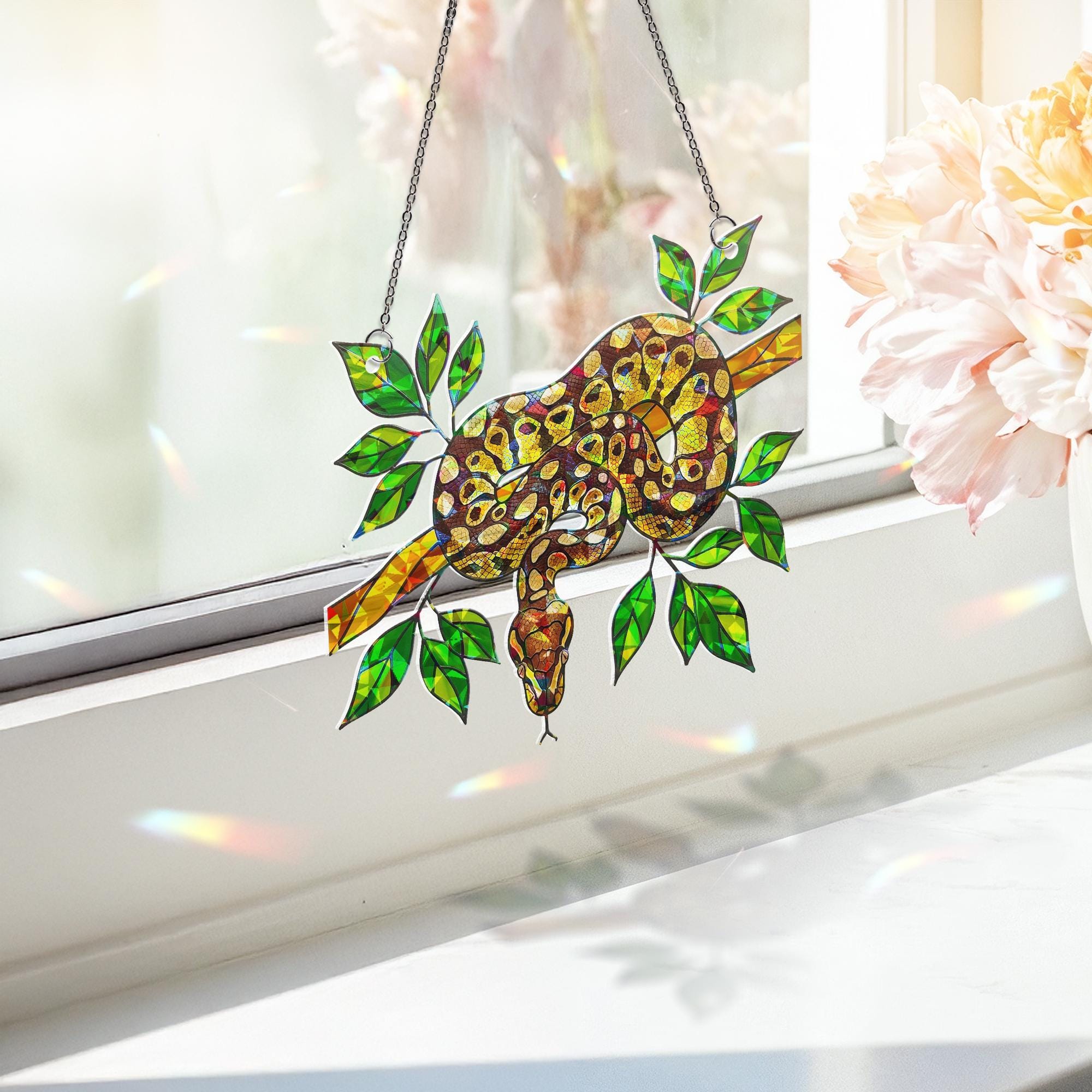 Ball Python on Tree Branch Hologram ACRYLIC Window Hanging – Jungle Reptile Home Decor, Ball Python Decor, Gift for Snake Lovers, For Dad