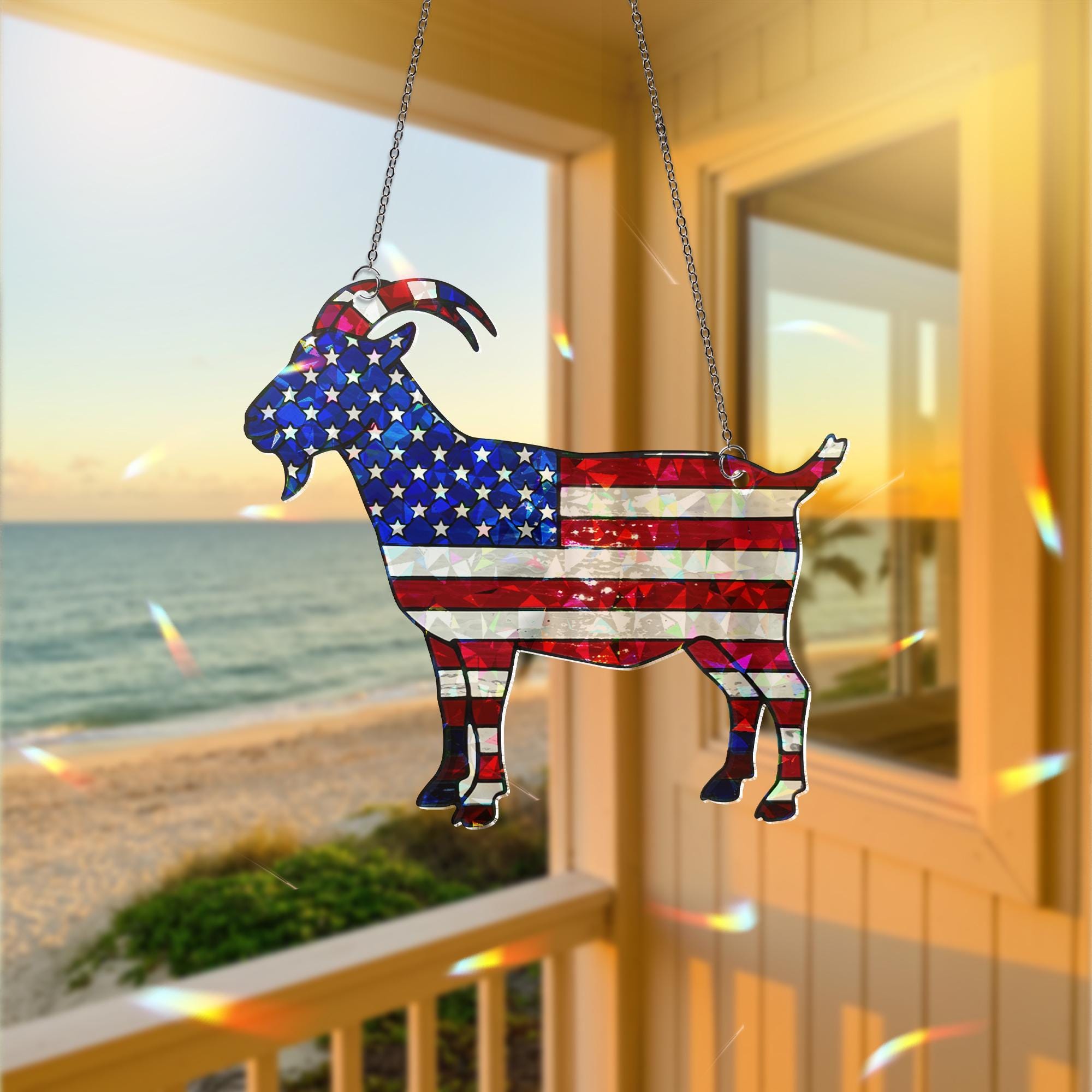 Patriotic Goat Window Hanging, American Flag Goat Suncatcher, Holographic Acrylic Farm Decor, USA Goat Gift, 4th of July Decor