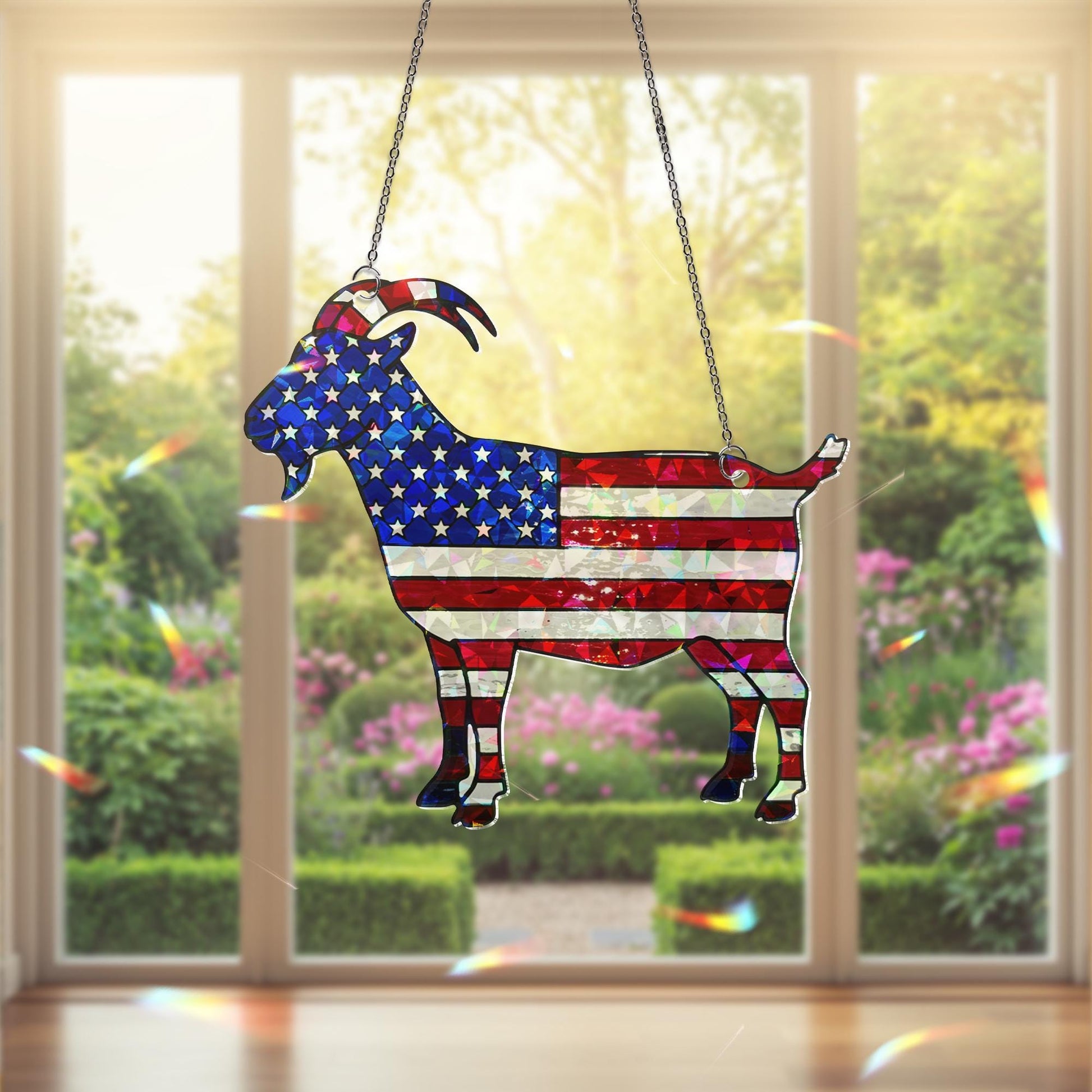 Patriotic Goat Window Hanging, American Flag Goat Suncatcher, Holographic Acrylic Farm Decor, USA Goat Gift, 4th of July Decor