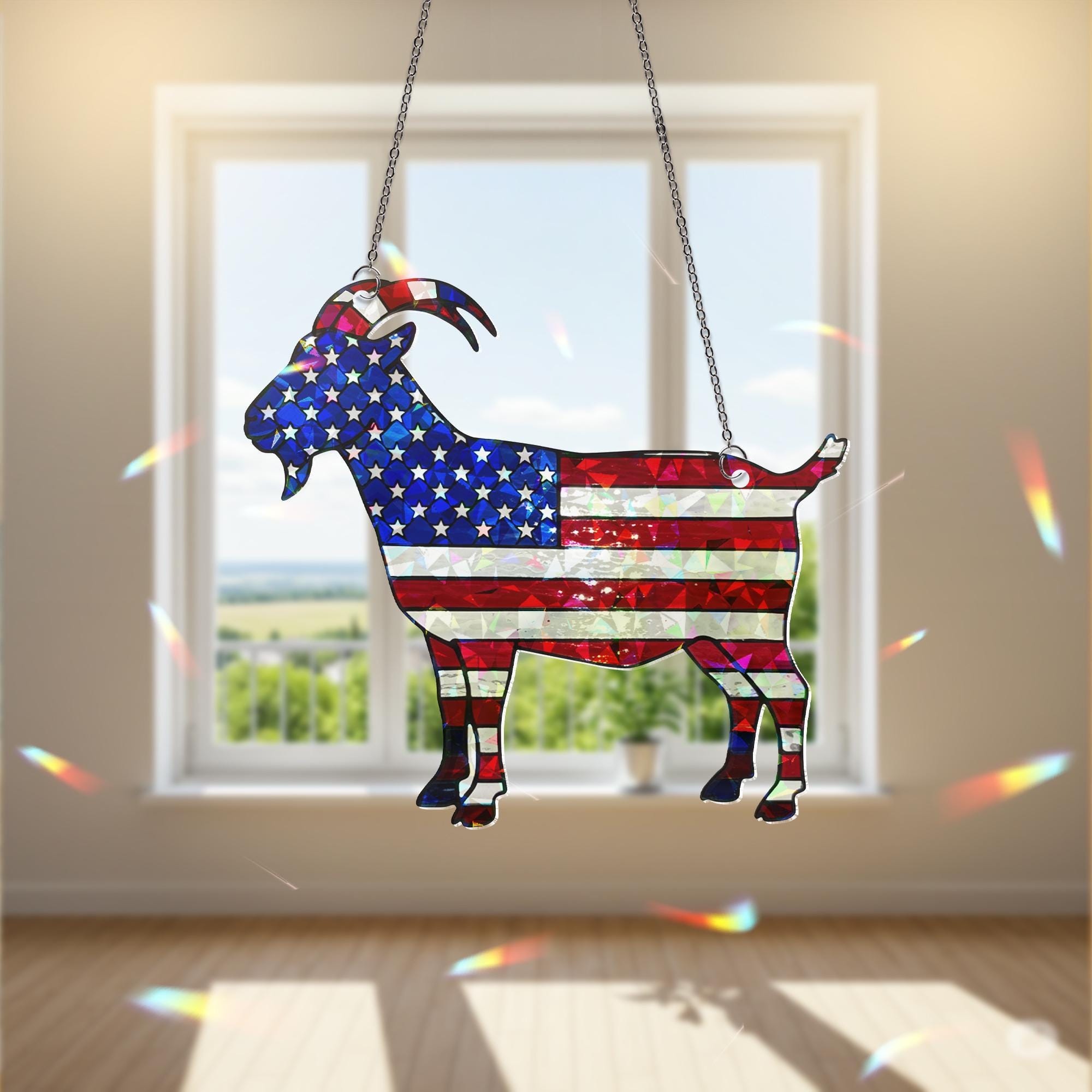 Patriotic Goat Window Hanging, American Flag Goat Suncatcher, Holographic Acrylic Farm Decor, USA Goat Gift, 4th of July Decor