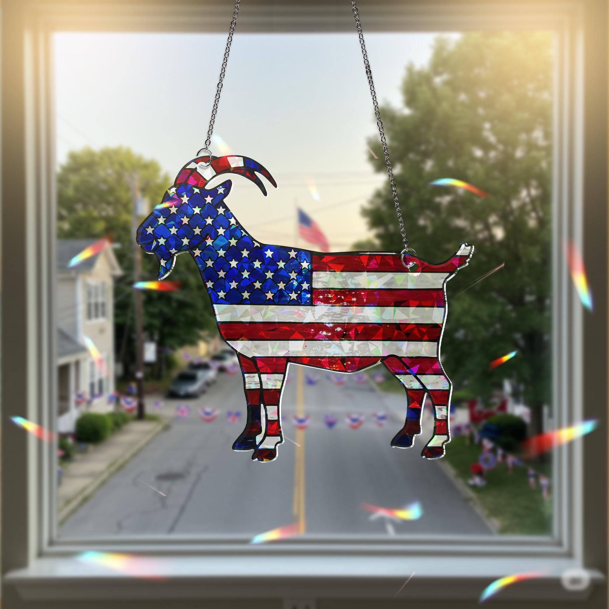 Patriotic Goat Window Hanging, American Flag Goat Suncatcher, Holographic Acrylic Farm Decor, USA Goat Gift, 4th of July Decor