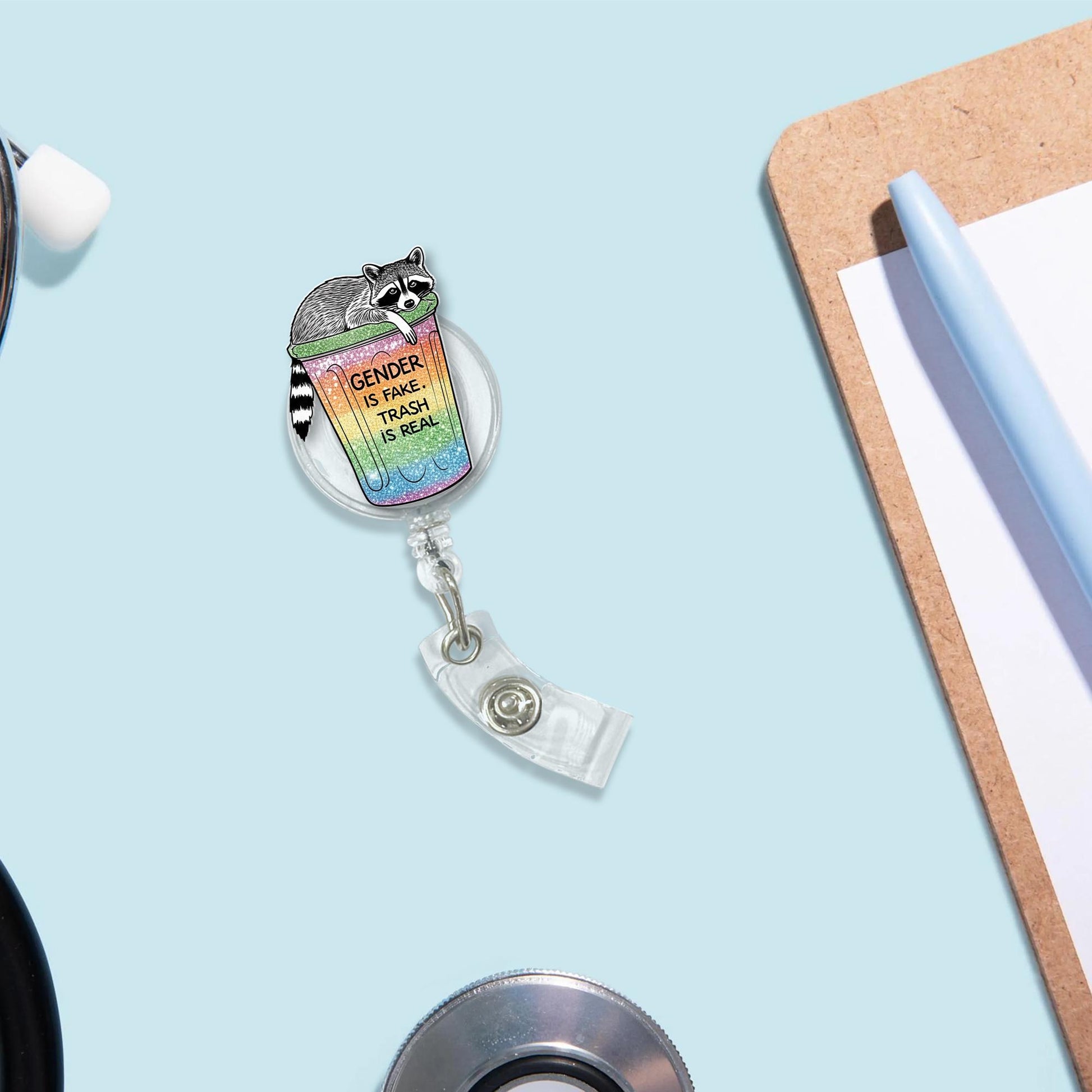Funny LGBT Badge Reel, Raccoon ID Holder, Gender Is Fake Trash Is Real, Pride Badge Reel,Queer Nurse Badge,Retractable Clip,Trash Panda Gift