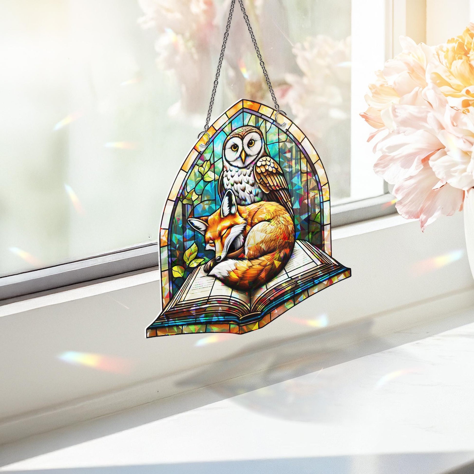 Fox and Owl Book Suncatcher | Holographic Acrylic Window Decor | Woodland Reading Nook Gift | Cozy Forest Art