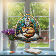 Fox and Owl Book Suncatcher | Holographic Acrylic Window Decor | Woodland Reading Nook Gift | Cozy Forest Art