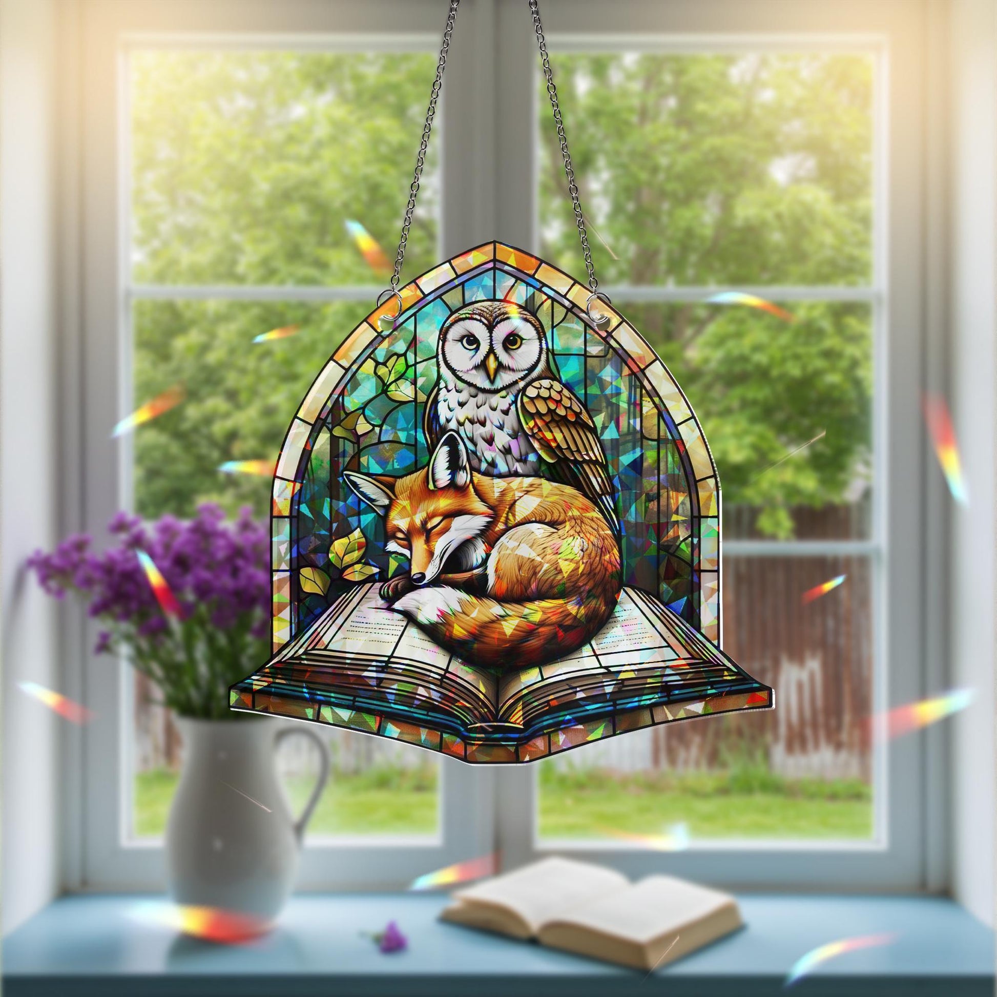 Fox and Owl Book Suncatcher | Holographic Acrylic Window Decor | Woodland Reading Nook Gift | Cozy Forest Art