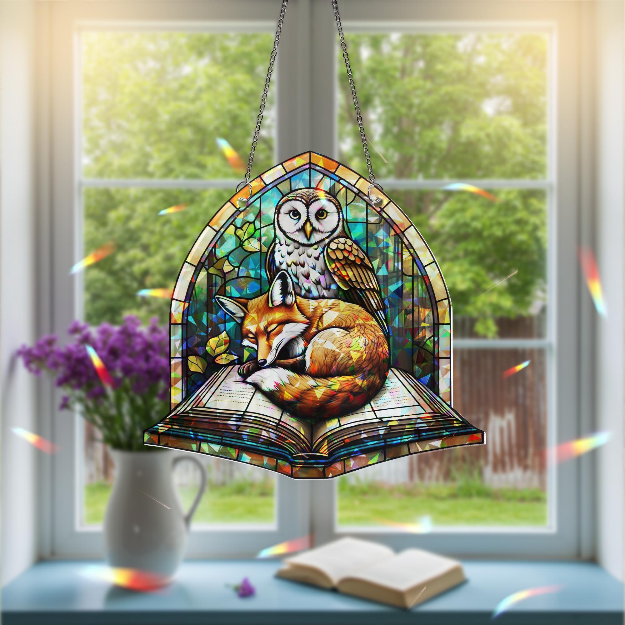 Fox and Owl Book Suncatcher | Holographic Acrylic Window Decor | Woodland Reading Nook Gift | Cozy Forest Art