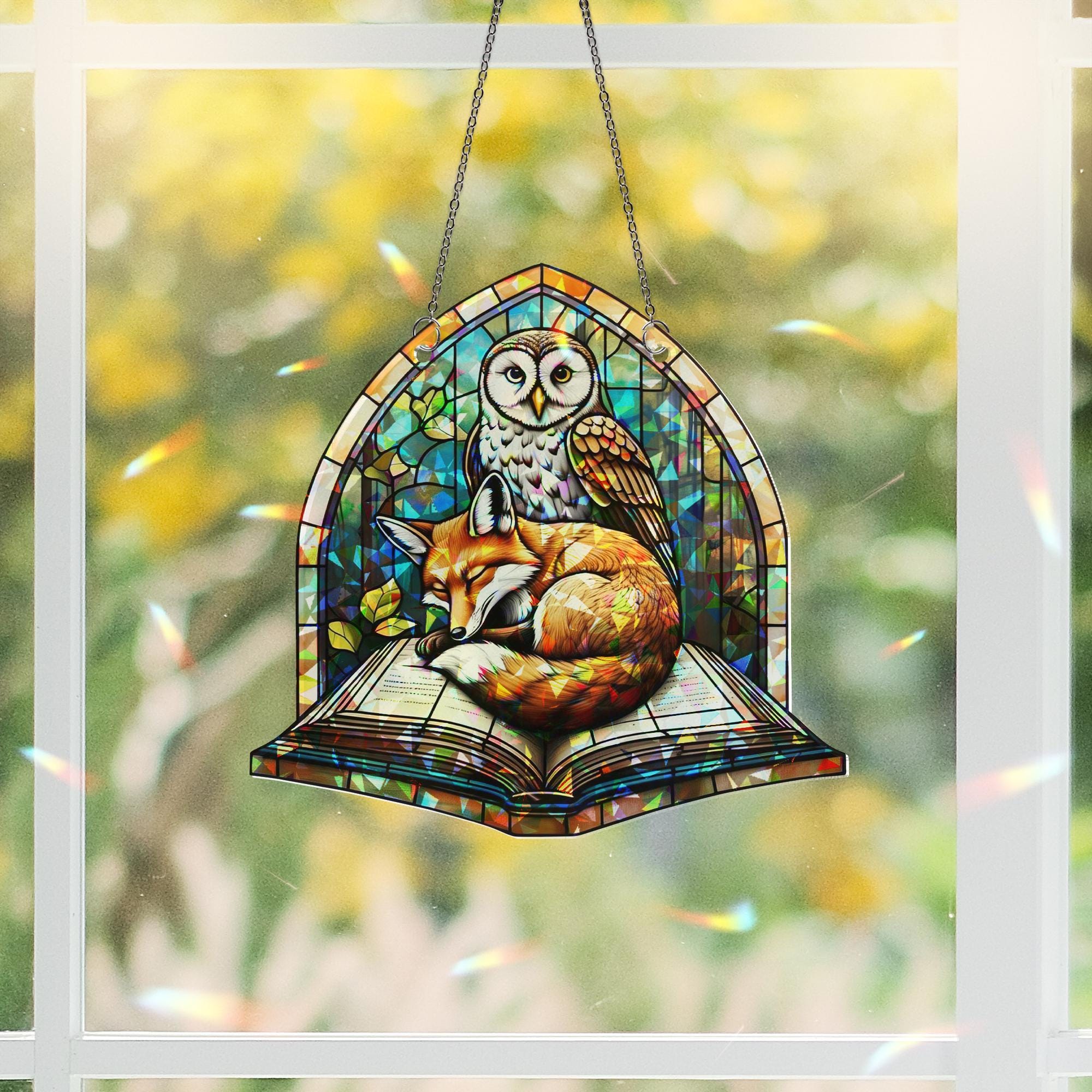 Fox and Owl Book Suncatcher | Holographic Acrylic Window Decor | Woodland Reading Nook Gift | Cozy Forest Art