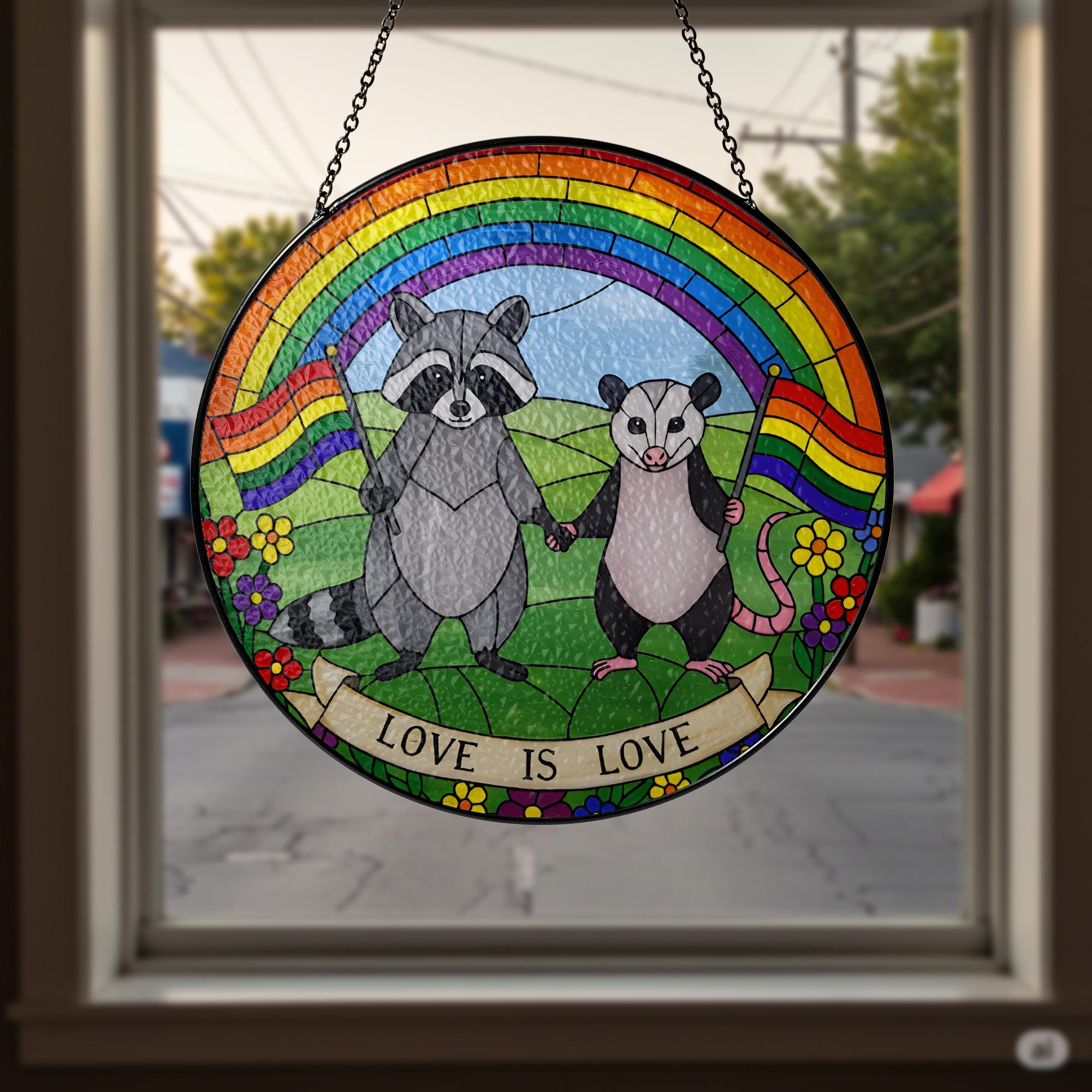 LGBT Trash panda Decor, Love Is Love GLASS Suncatcher, Rainbow Animal Art, LGBT Raccoon Possum Decor, Pride Glass Hanging, Queer Cottagecore