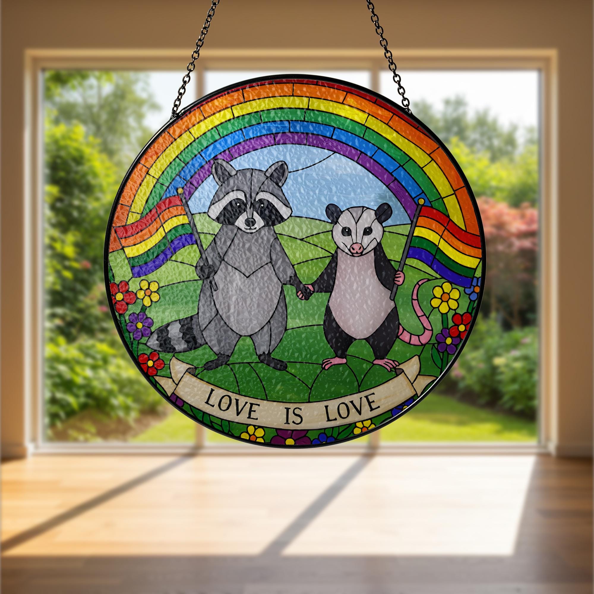 LGBT Trash panda Decor, Love Is Love GLASS Suncatcher, Rainbow Animal Art, LGBT Raccoon Possum Decor, Pride Glass Hanging, Queer Cottagecore