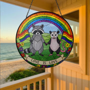 LGBT Trash panda Decor, Love Is Love GLASS Suncatcher, Rainbow Animal Art, LGBT Raccoon Possum Decor, Pride Glass Hanging, Queer Cottagecore