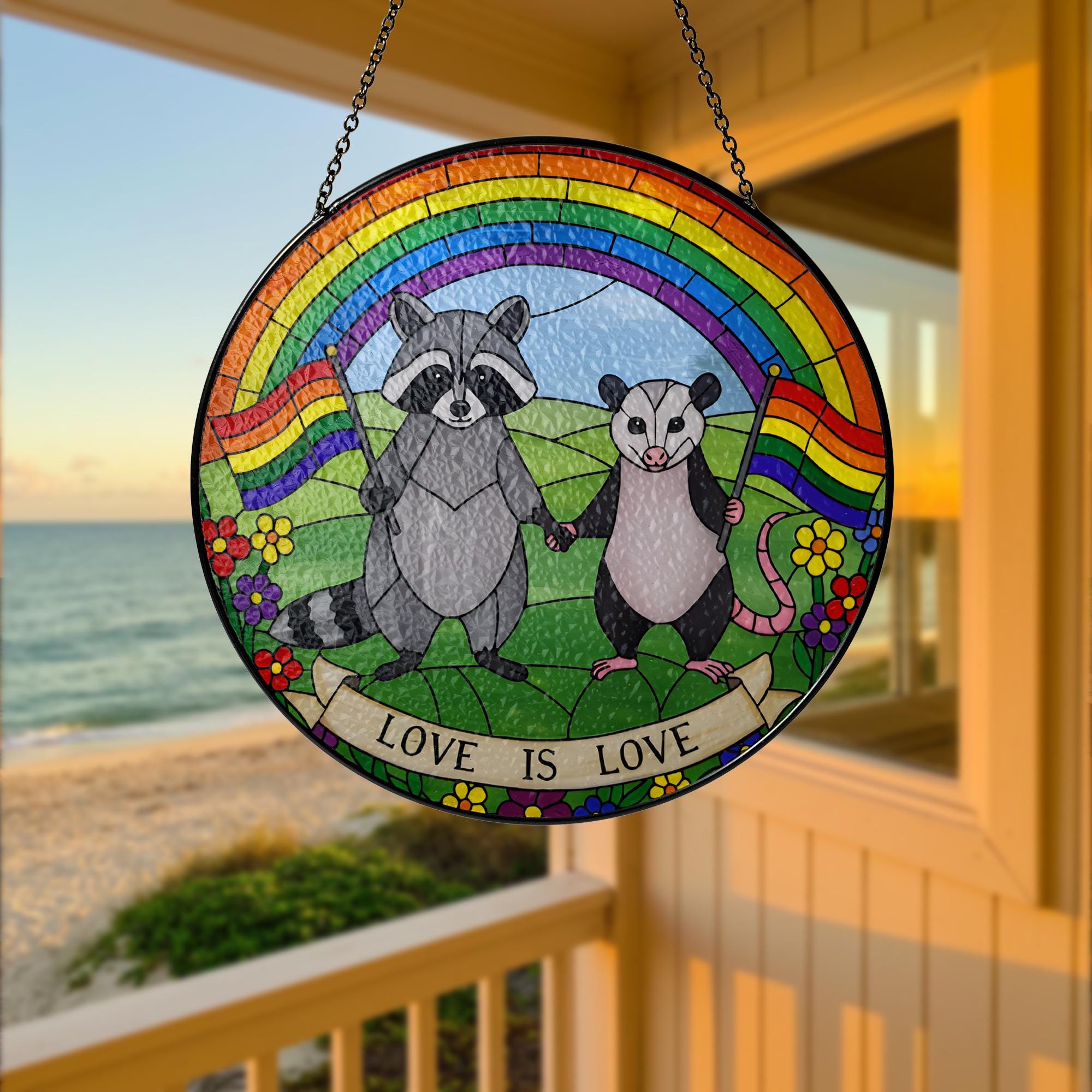 LGBT Trash panda Decor, Love Is Love GLASS Suncatcher, Rainbow Animal Art, LGBT Raccoon Possum Decor, Pride Glass Hanging, Queer Cottagecore
