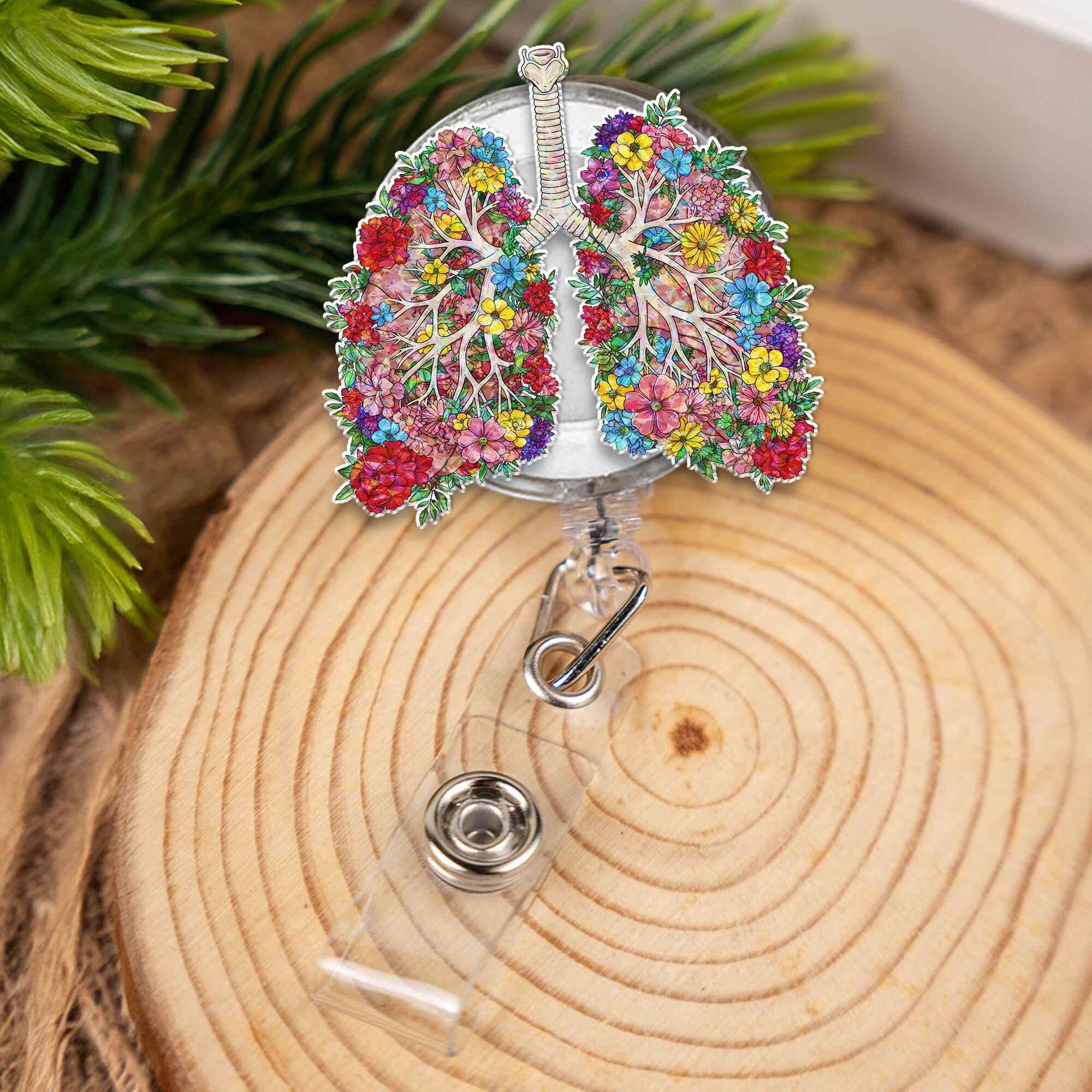 Floral Lungs Badge Reel Retractable ID Holder, Cute Anatomy Gift for Nurse, Doctor, RN, Respiratory Therapist, Medical Student Gift