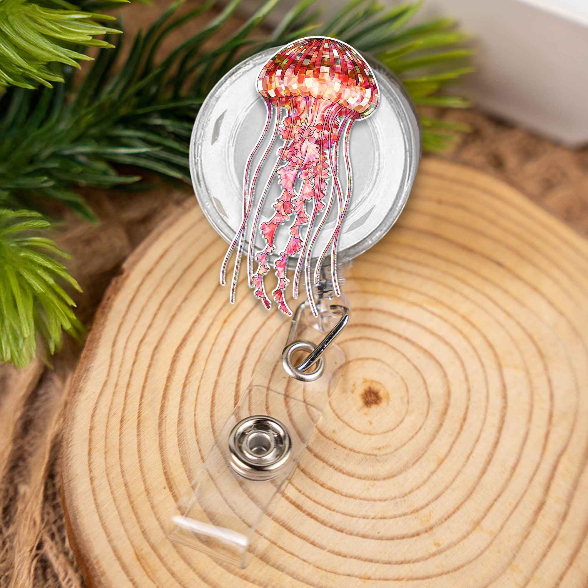 Acrylic Jellyfish Retractable Badge Reel ID Holder | Cute Ocean Sea Creature Gift for Nurse Teacher Medical Staff | Unique Work Badge