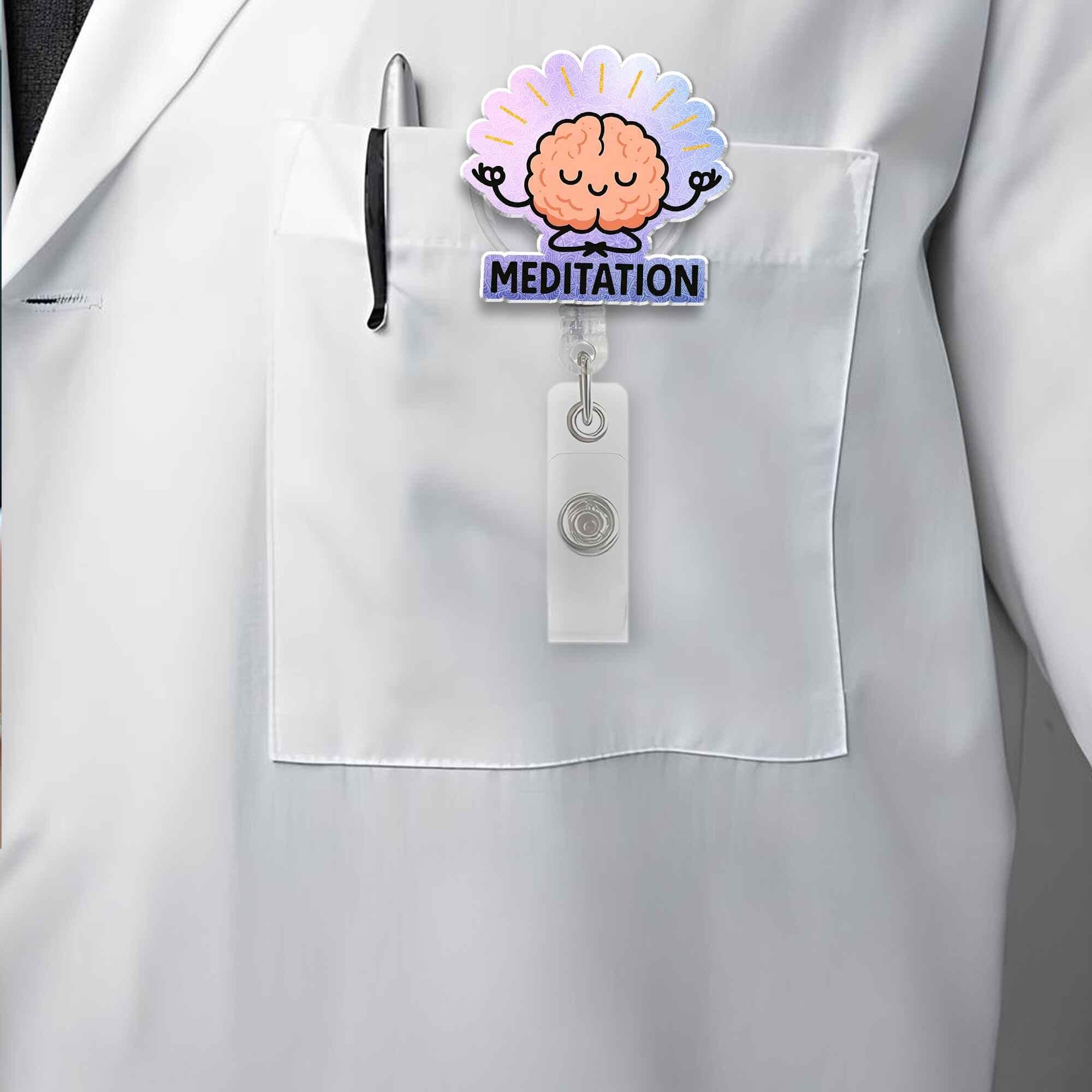 Meditating Brain Badge Reel, Cute Cartoon Mindfulness ID Holder, Funny Retractable Badge Clip for Nurse, Teacher, Office, Zen Mental Health