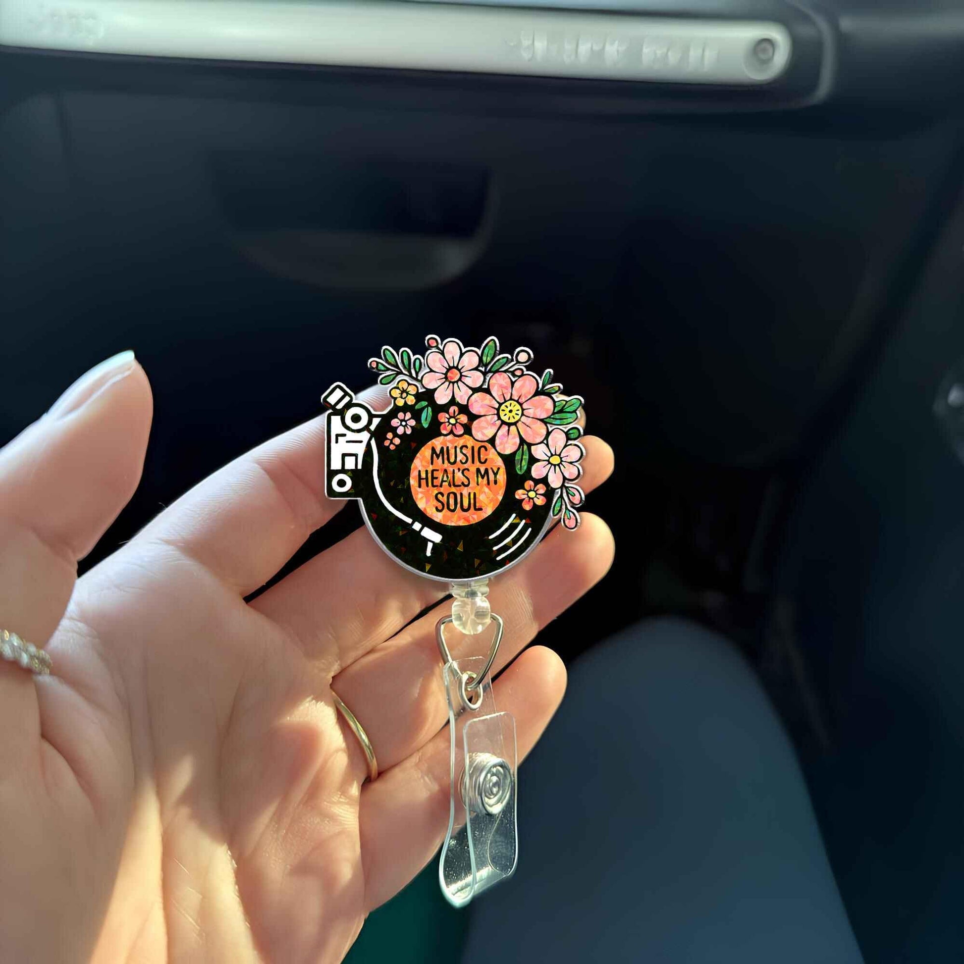 Music Heals My Soul Badge Reel, Floral Vinyl Record ID Holder, Retractable Clip, Cute Nurse Gift, Teacher Accessory, Music Lover