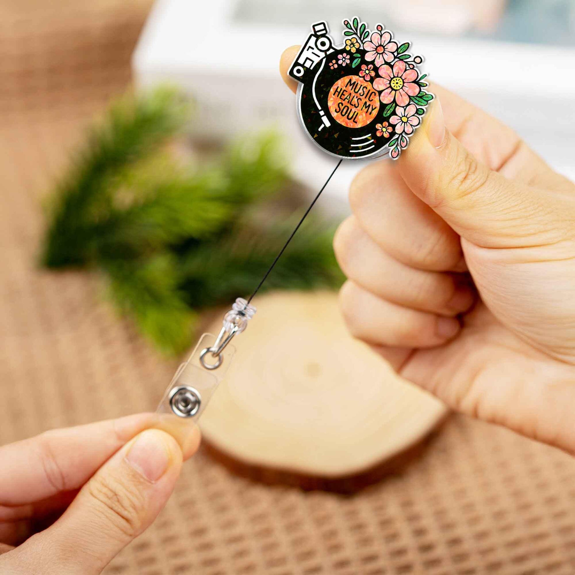 Music Heals My Soul Badge Reel, Floral Vinyl Record ID Holder, Retractable Clip, Cute Nurse Gift, Teacher Accessory, Music Lover