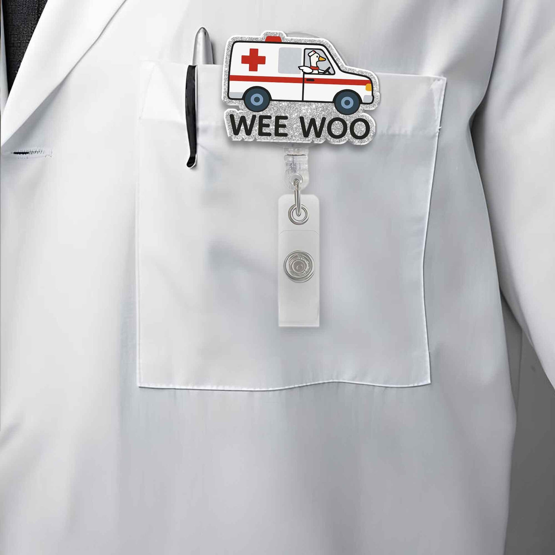 Wee Woo Ambulance Badge Reel, Funny Duck Driver Medical ID Holder, Cute Glitter Retractable Clip for Nurse EMT Paramedic Doctor Gift