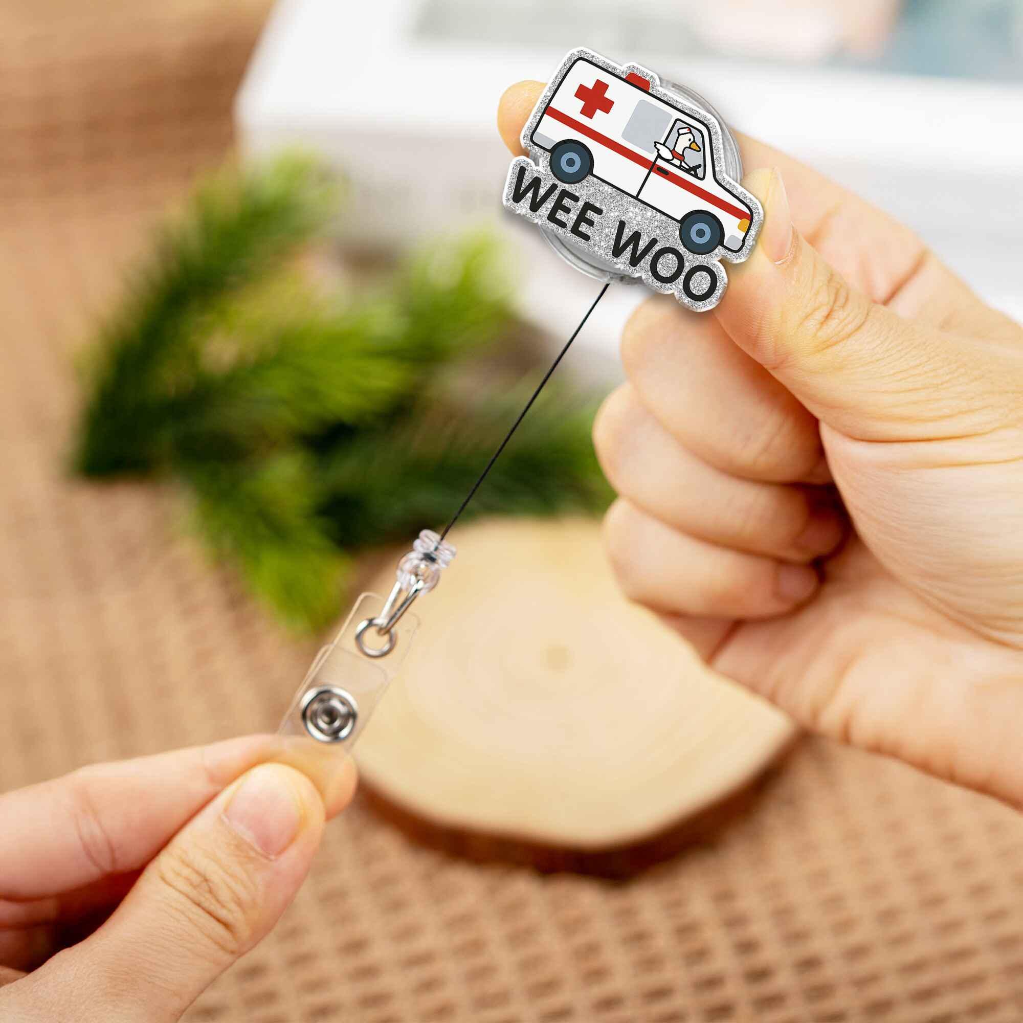 Wee Woo Ambulance Badge Reel, Funny Duck Driver Medical ID Holder, Cute Glitter Retractable Clip for Nurse EMT Paramedic Doctor Gift