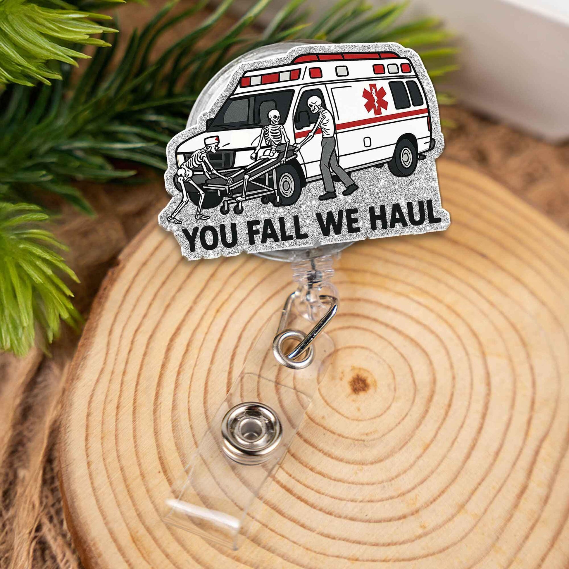 Funny Skeleton Ambulance Badge Reel, "You Fall We Haul" Retractable ID Holder, Gift for Nurse EMT Paramedic EMS Healthcare Worker
