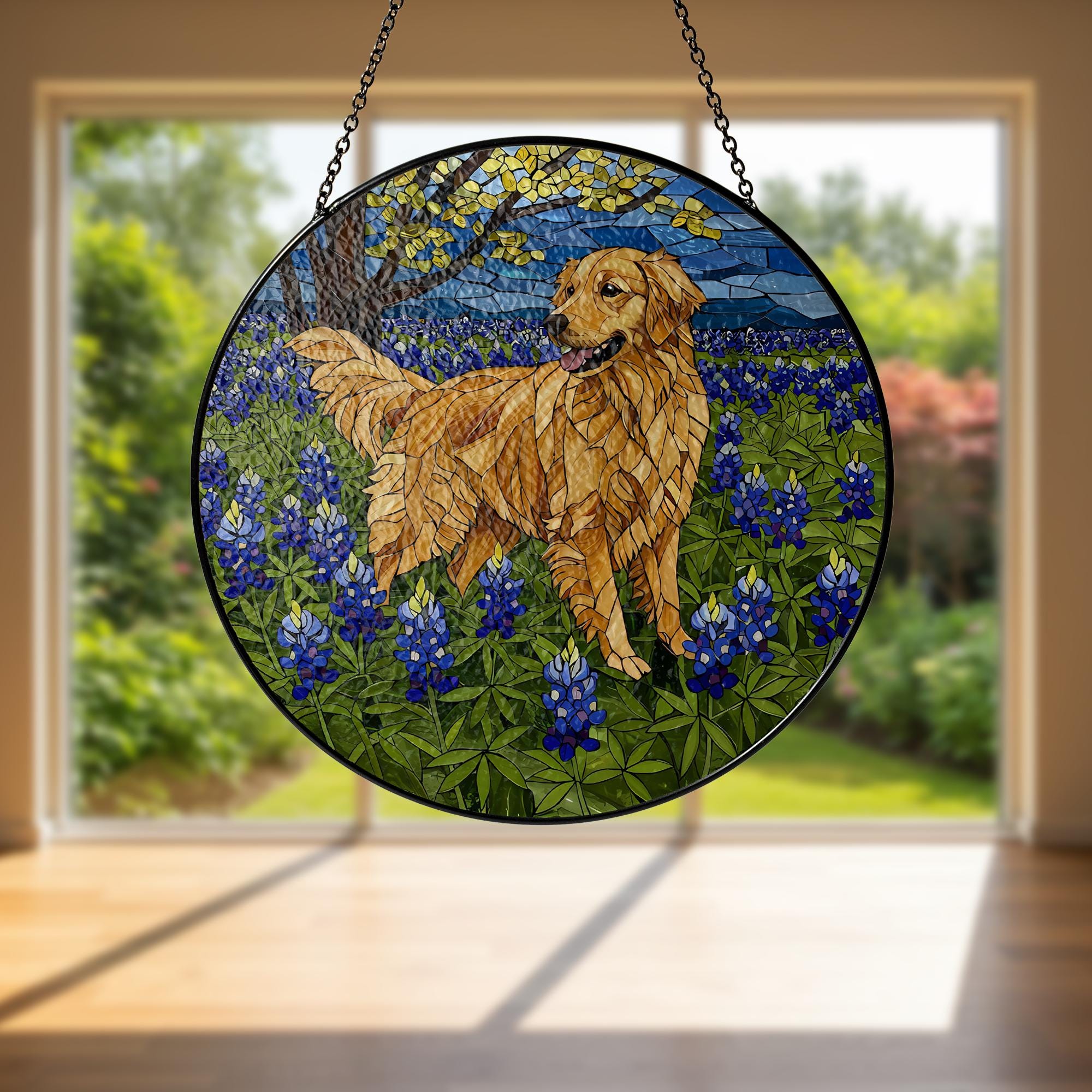 Golden Retriever Glass Suncatcher, Dog Lover Gift, Bluebonnet Dog Decor, Stained Glass Dog Art, Pet Memorial Gift, Dog Window Hanging
