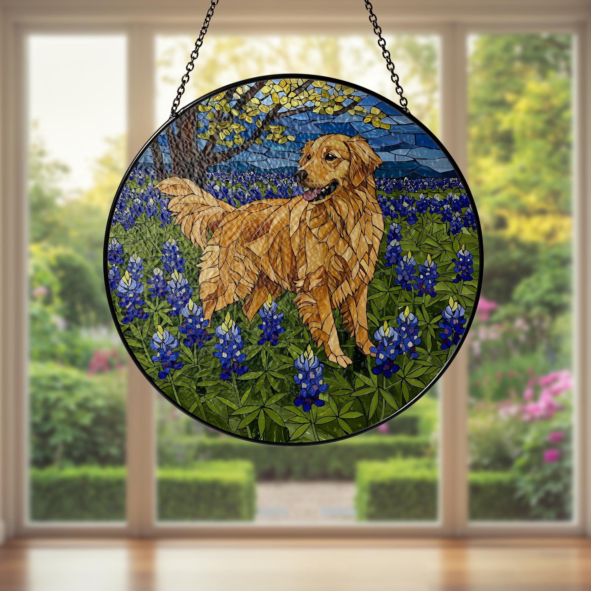 Golden Retriever Glass Suncatcher, Dog Lover Gift, Bluebonnet Dog Decor, Stained Glass Dog Art, Pet Memorial Gift, Dog Window Hanging