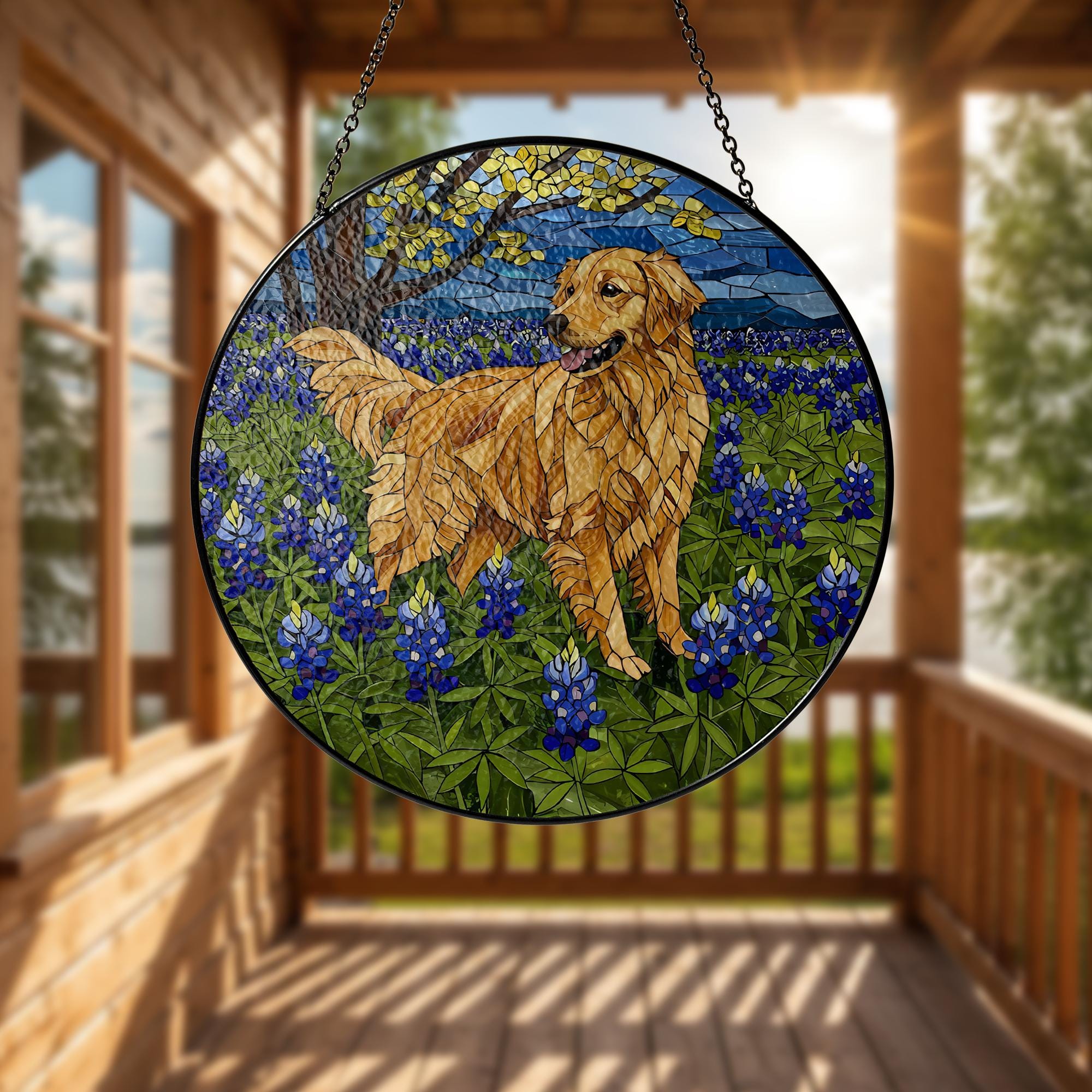 Golden Retriever Glass Suncatcher, Dog Lover Gift, Bluebonnet Dog Decor, Stained Glass Dog Art, Pet Memorial Gift, Dog Window Hanging
