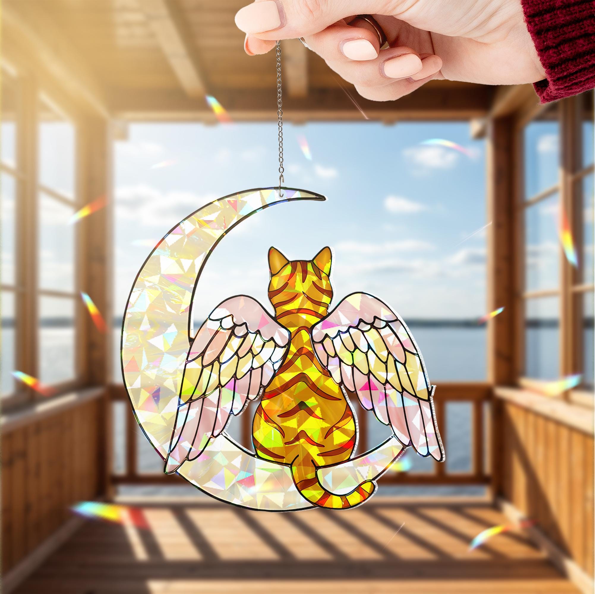 Angel Orange Tabby Cat on Crescent Moon, Acrylic Hologram Window Hanging,  Cat Memorial, Cat Mom Gift, Pet Loss Decor, Unique Window Art