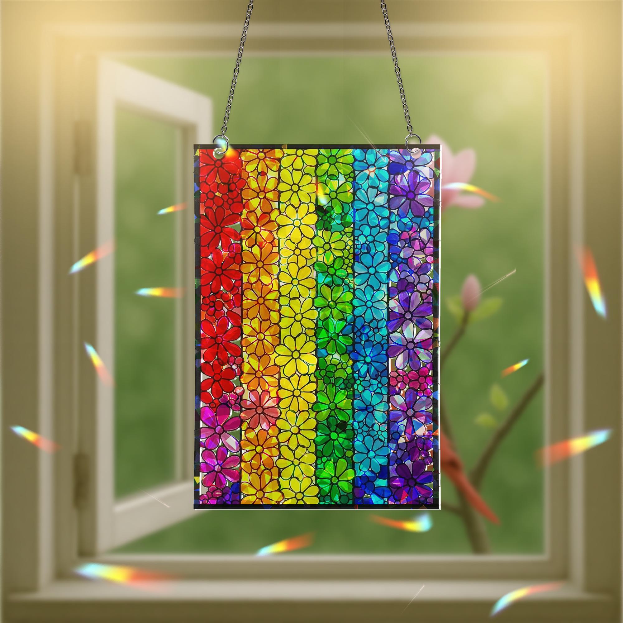 Floral LGBT Rainbow Flag Acrylic Holographic Suncatcher | Pride Window Decor | Colorful Flower Gift for LGBTQ+ Community