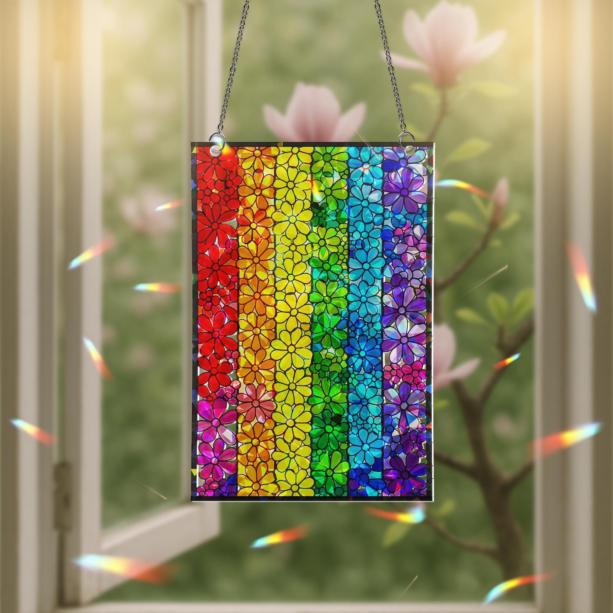 Floral LGBT Rainbow Flag Acrylic Holographic Suncatcher | Pride Window Decor | Colorful Flower Gift for LGBTQ+ Community