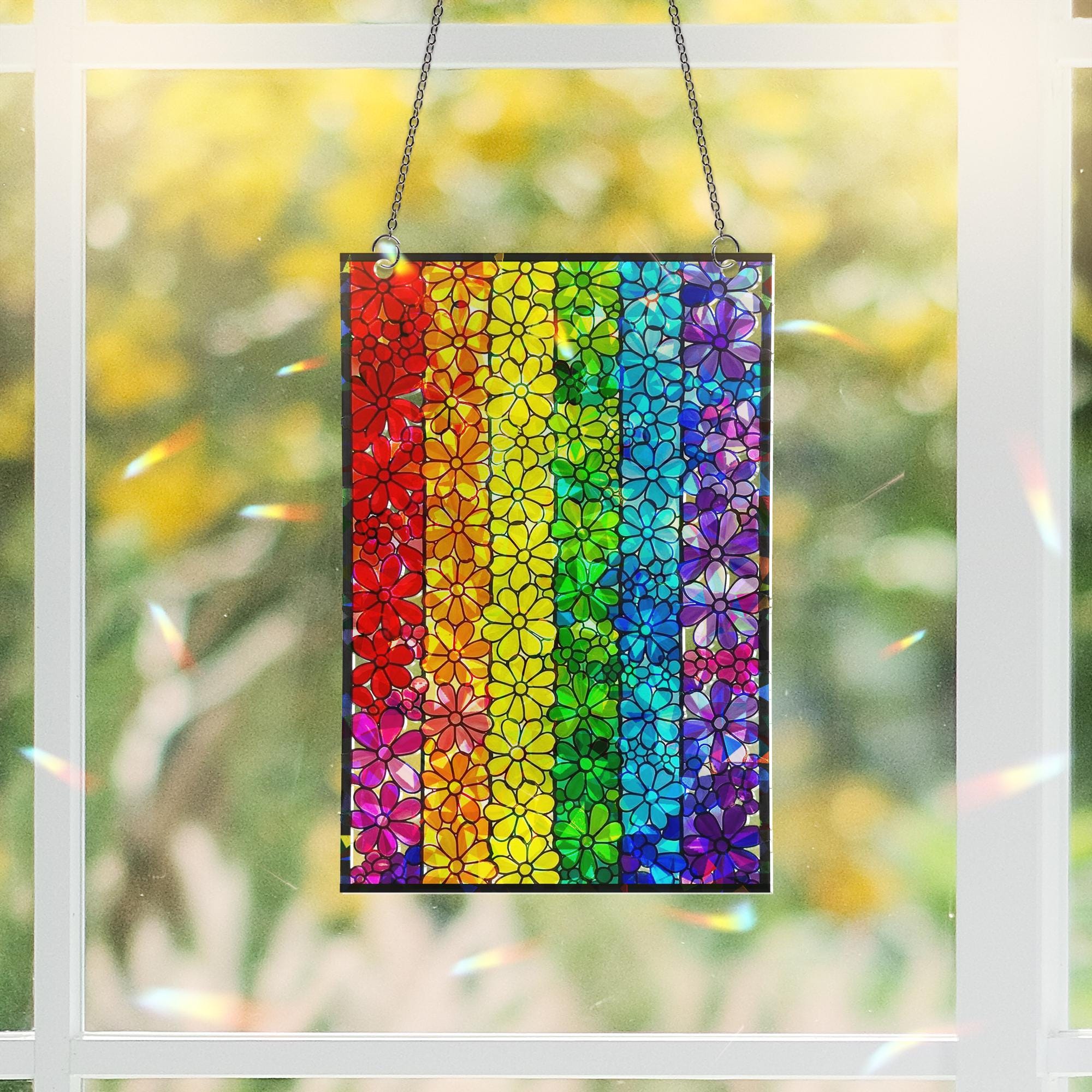 Floral LGBT Rainbow Flag Acrylic Holographic Suncatcher | Pride Window Decor | Colorful Flower Gift for LGBTQ+ Community