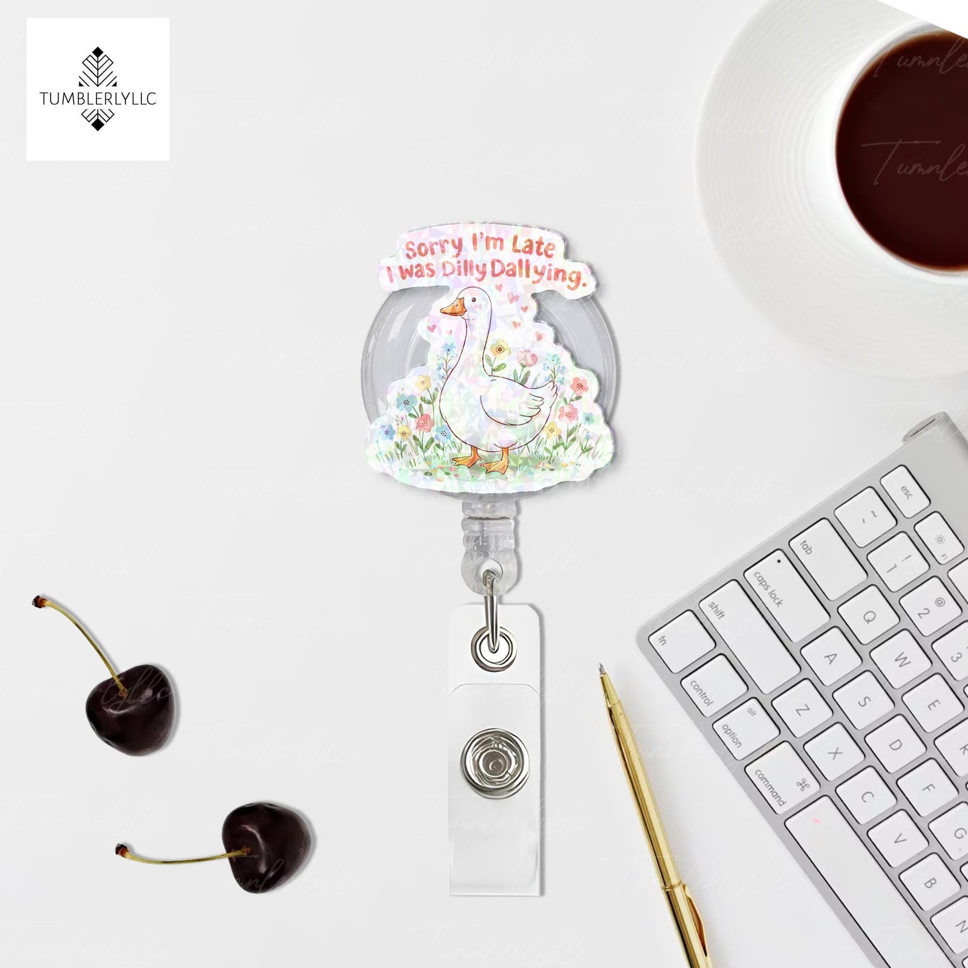 Sorry I'm Late I Was Dilly Dallying Funny Goose Badge Reel, Cute Floral Retractable ID Holder, Nurse Teacher Office Worker Gift Accessory