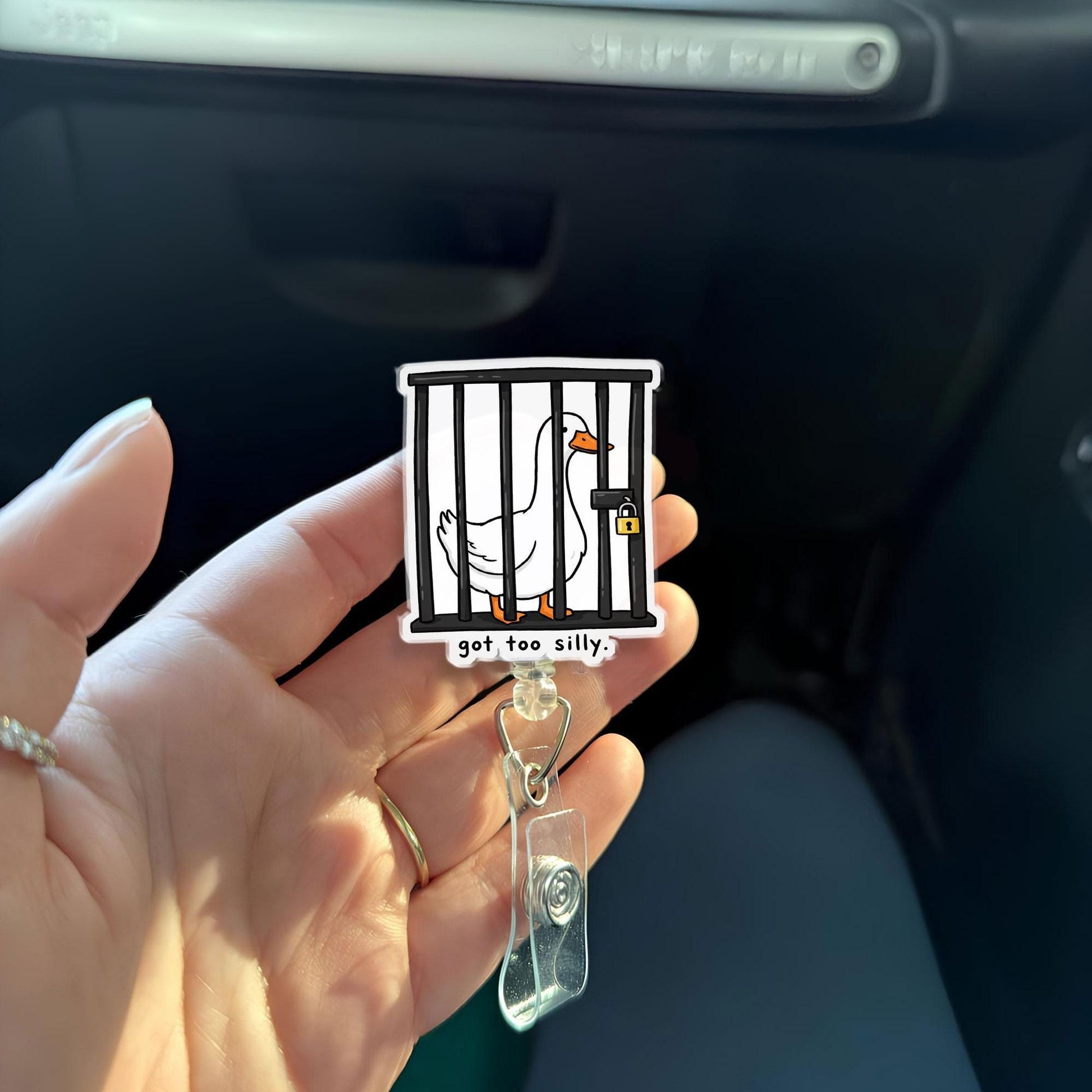 Funny Goose Locked in Jail Badge Reel 'Got Too Silly' - Retractable ID Holder for Nurse Teacher Office Worker - Quirky Humorous Gift