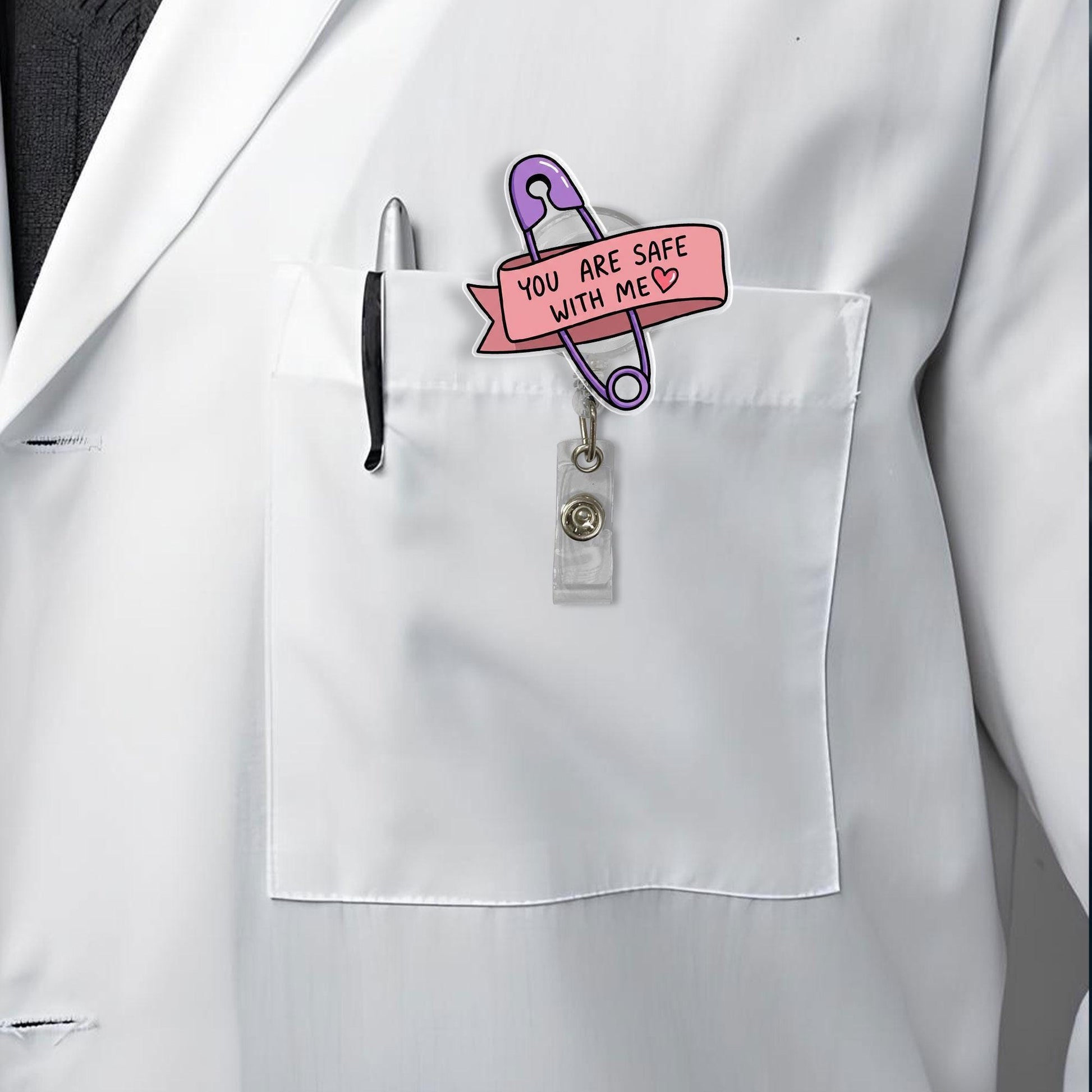 You Are Safe With Me Badge Reel, Safety Pin Design Retractable ID Holder, Cute Nurse Teacher Gift, Healthcare Ally Support Accessory