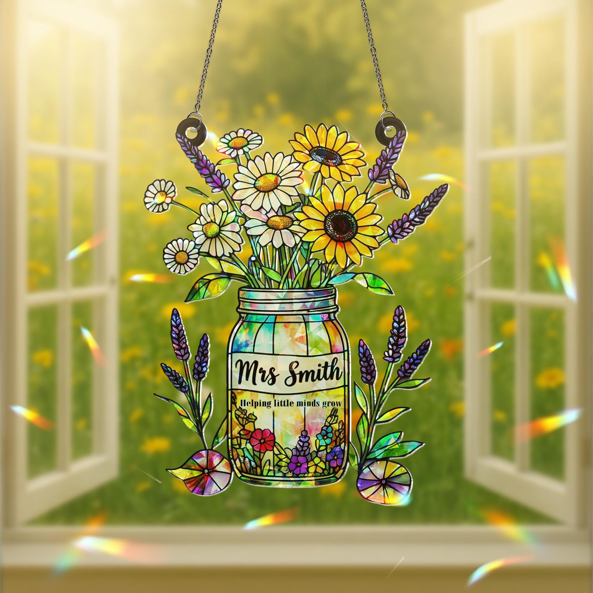Custom Teacher Holographic Acrylic Suncatcher Gift | Mason Jar Flower End of Year Teacher Gift | Classroom Window Decor