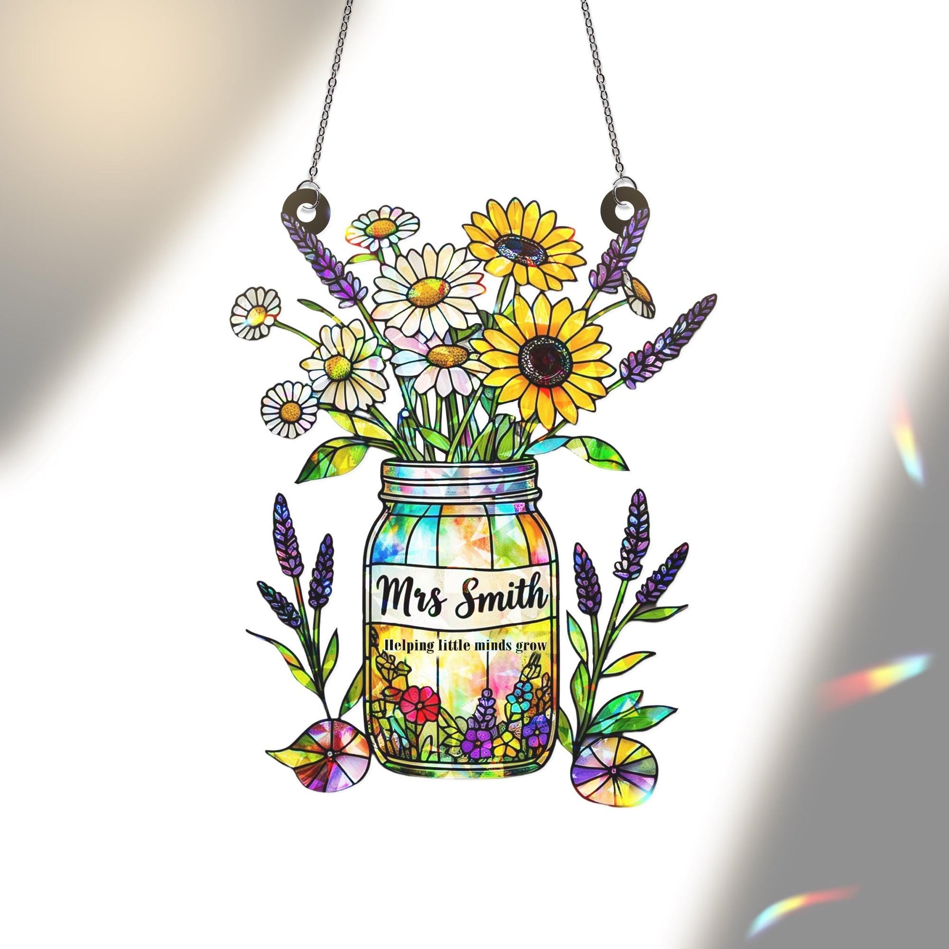 Custom Teacher Holographic Acrylic Suncatcher Gift | Mason Jar Flower End of Year Teacher Gift | Classroom Window Decor