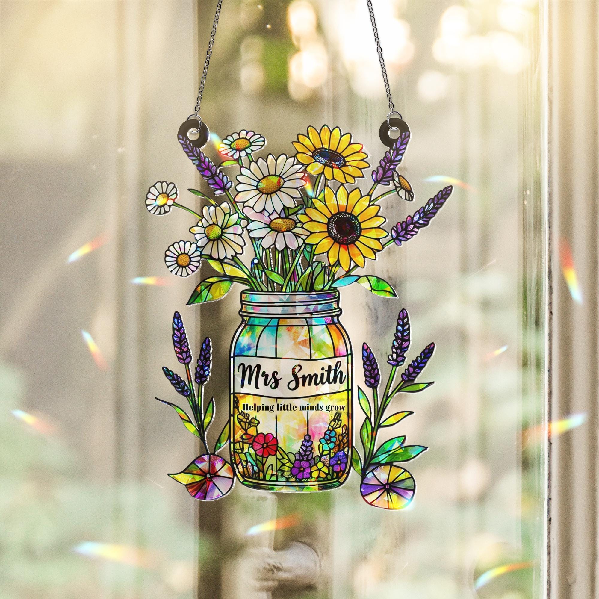 Custom Teacher Holographic Acrylic Suncatcher Gift | Mason Jar Flower End of Year Teacher Gift | Classroom Window Decor