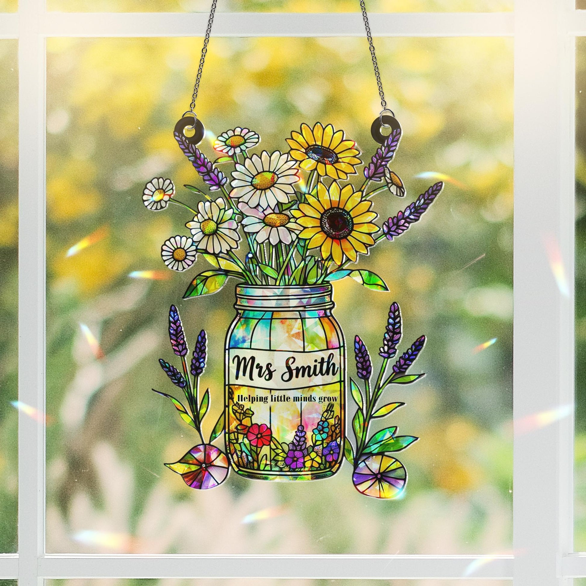 Custom Teacher Holographic Acrylic Suncatcher Gift | Mason Jar Flower End of Year Teacher Gift | Classroom Window Decor